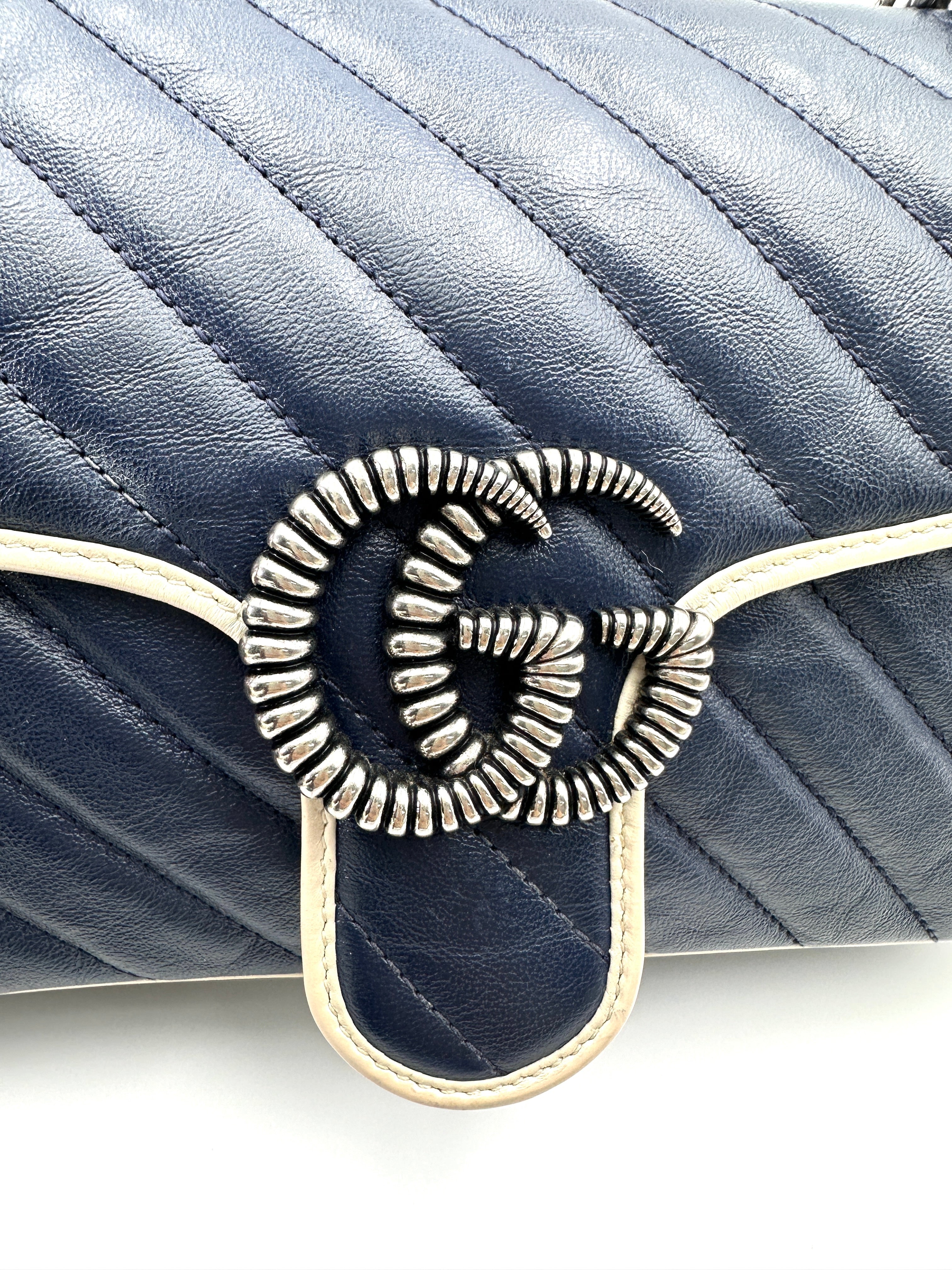 Gucci GG Marmont Blue/White Matelasse Leather Shoulder Bag GG1024