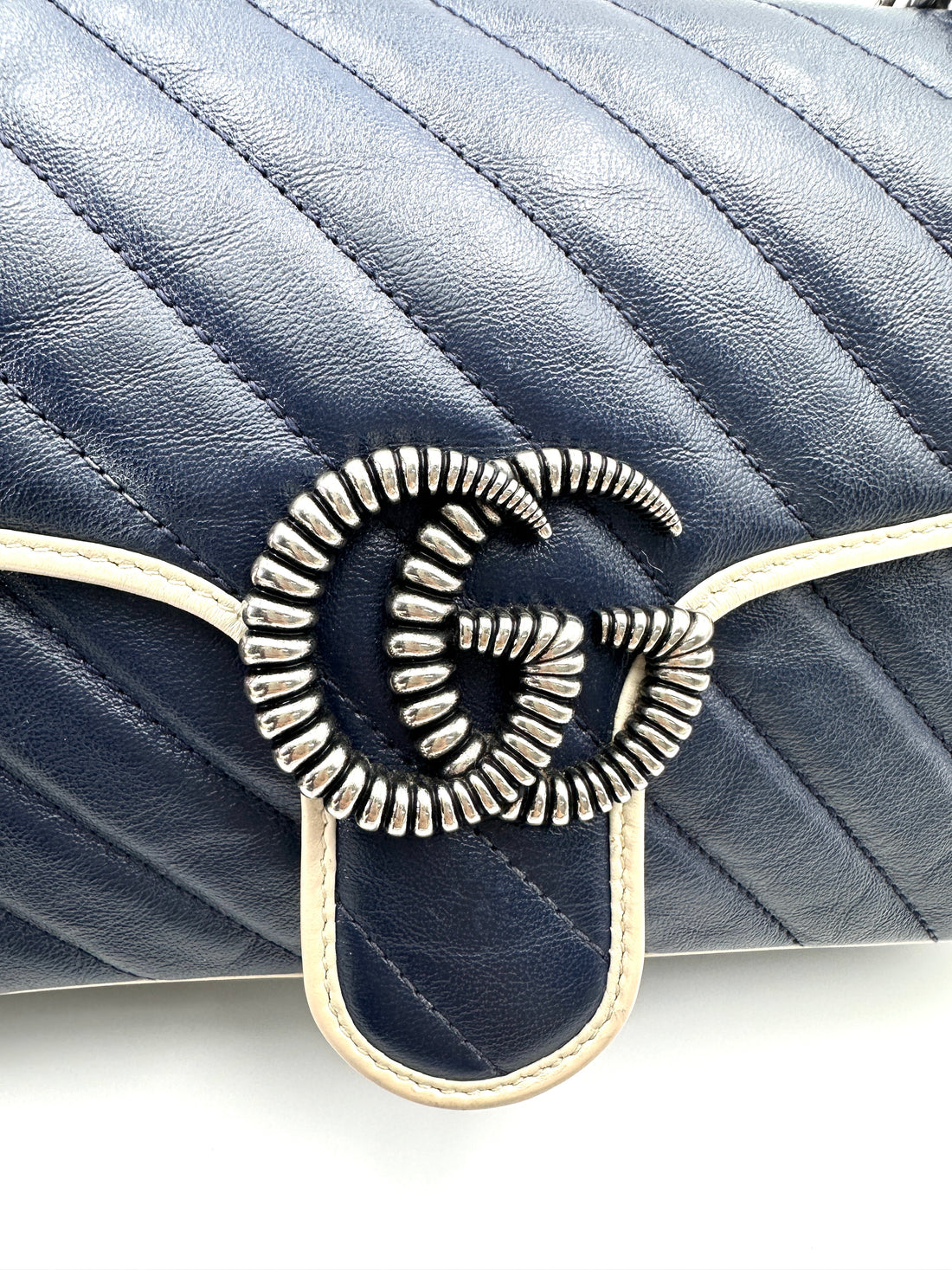 Gucci GG Marmont Blue/White Matelasse Leather Shoulder Bag GG1024