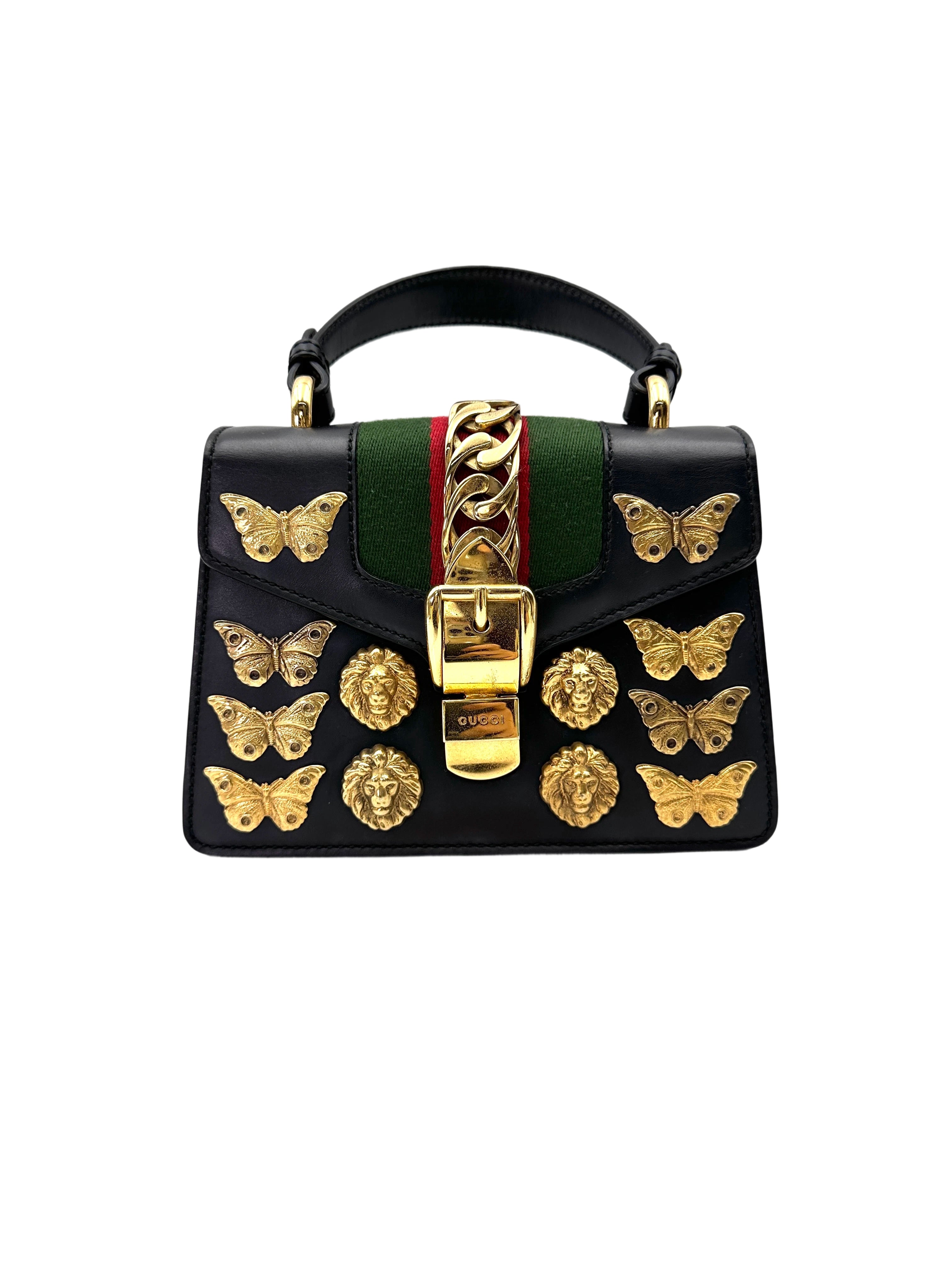 Gucci Sylvie Black Leather Small Size Shoulder Bag With Gold Butterfly & Lion Head Hardware GG1041