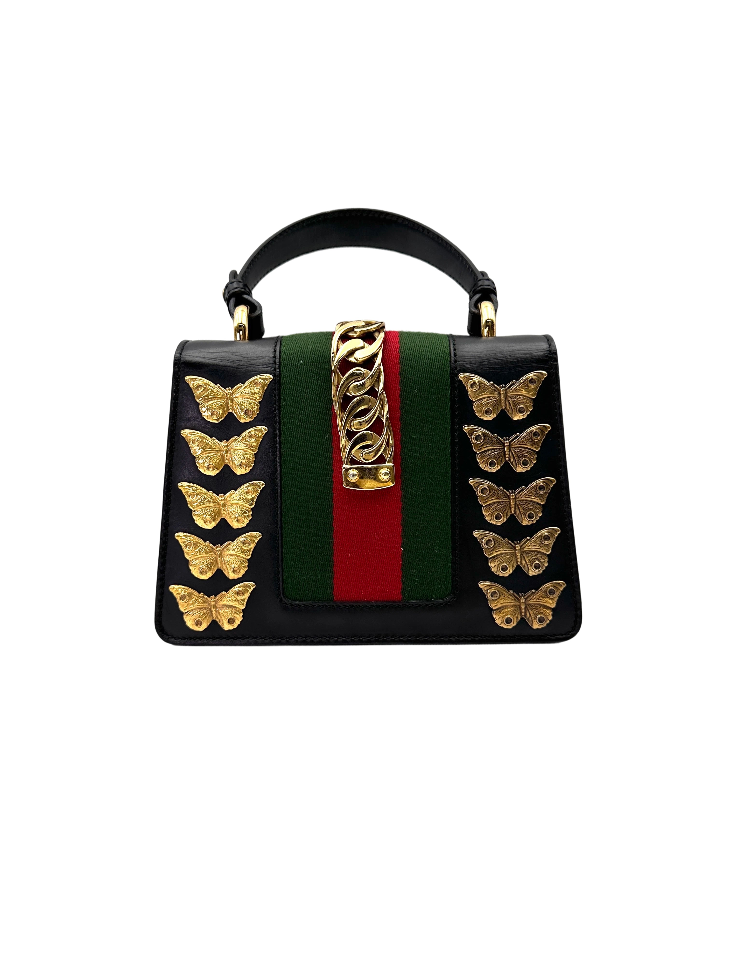 Gucci Sylvie Black Leather Small Size Shoulder Bag With Gold Butterfly & Lion Head Hardware GG1041