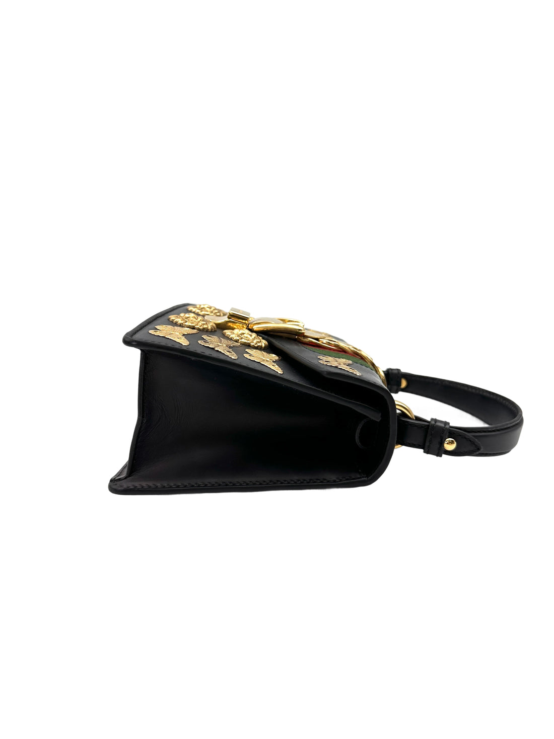 Gucci Sylvie Black Leather Small Size Shoulder Bag With Gold Butterfly & Lion Head Hardware GG1041