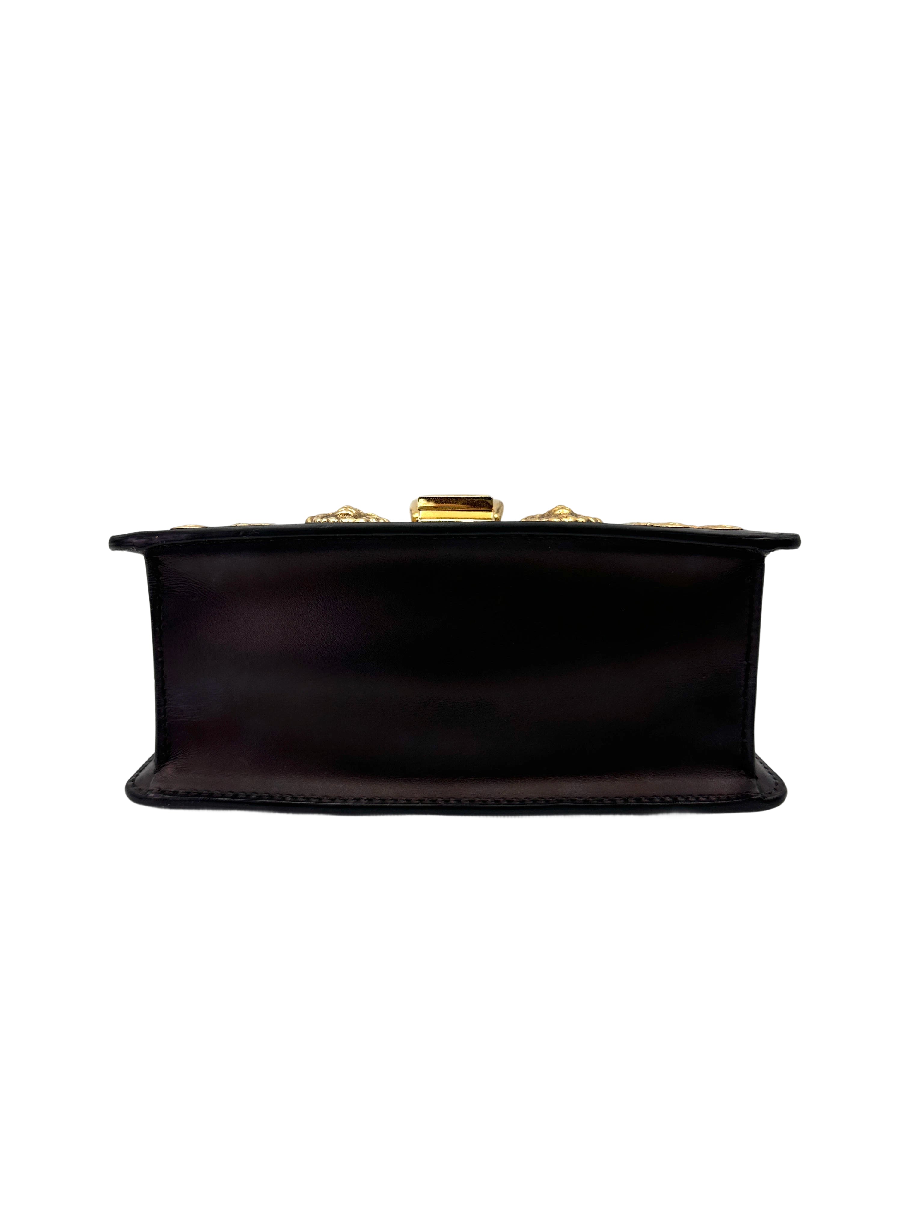Gucci Sylvie Black Leather Small Size Shoulder Bag With Gold Butterfly & Lion Head Hardware GG1041