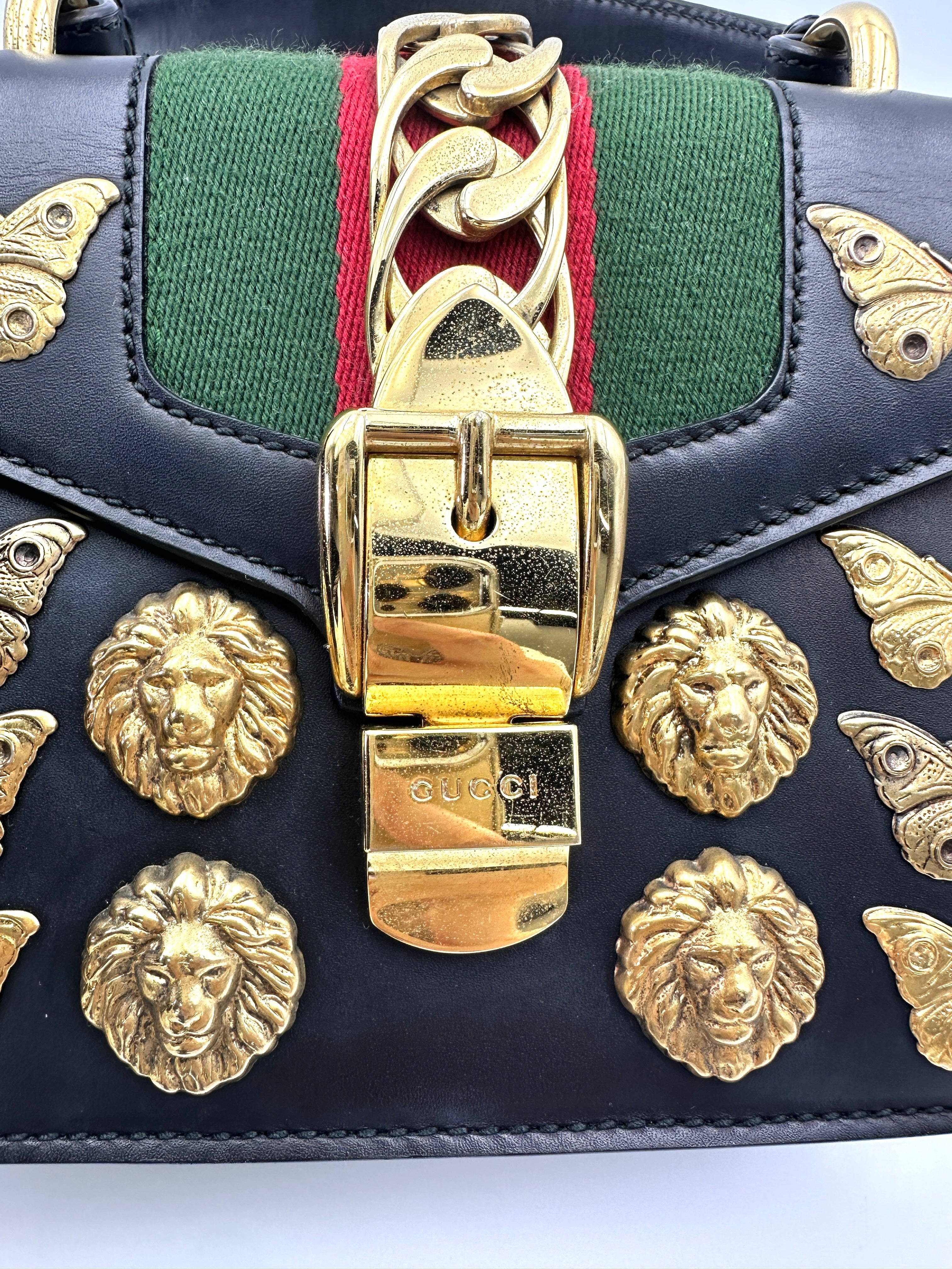 Gucci Sylvie Black Leather Small Size Shoulder Bag With Gold Butterfly & Lion Head Hardware GG1041