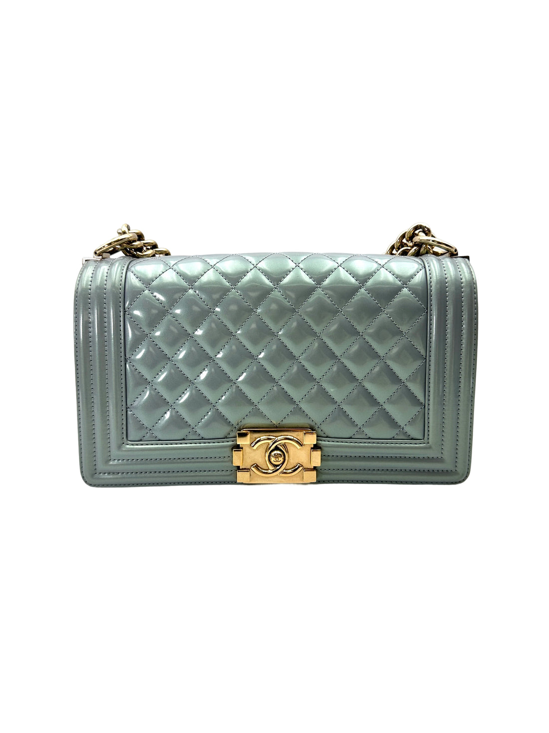 Chanel LeBoy Blue Quilted Patent Leather Medium Size Flap Bag With Gold Buckle(22***11) CC1986