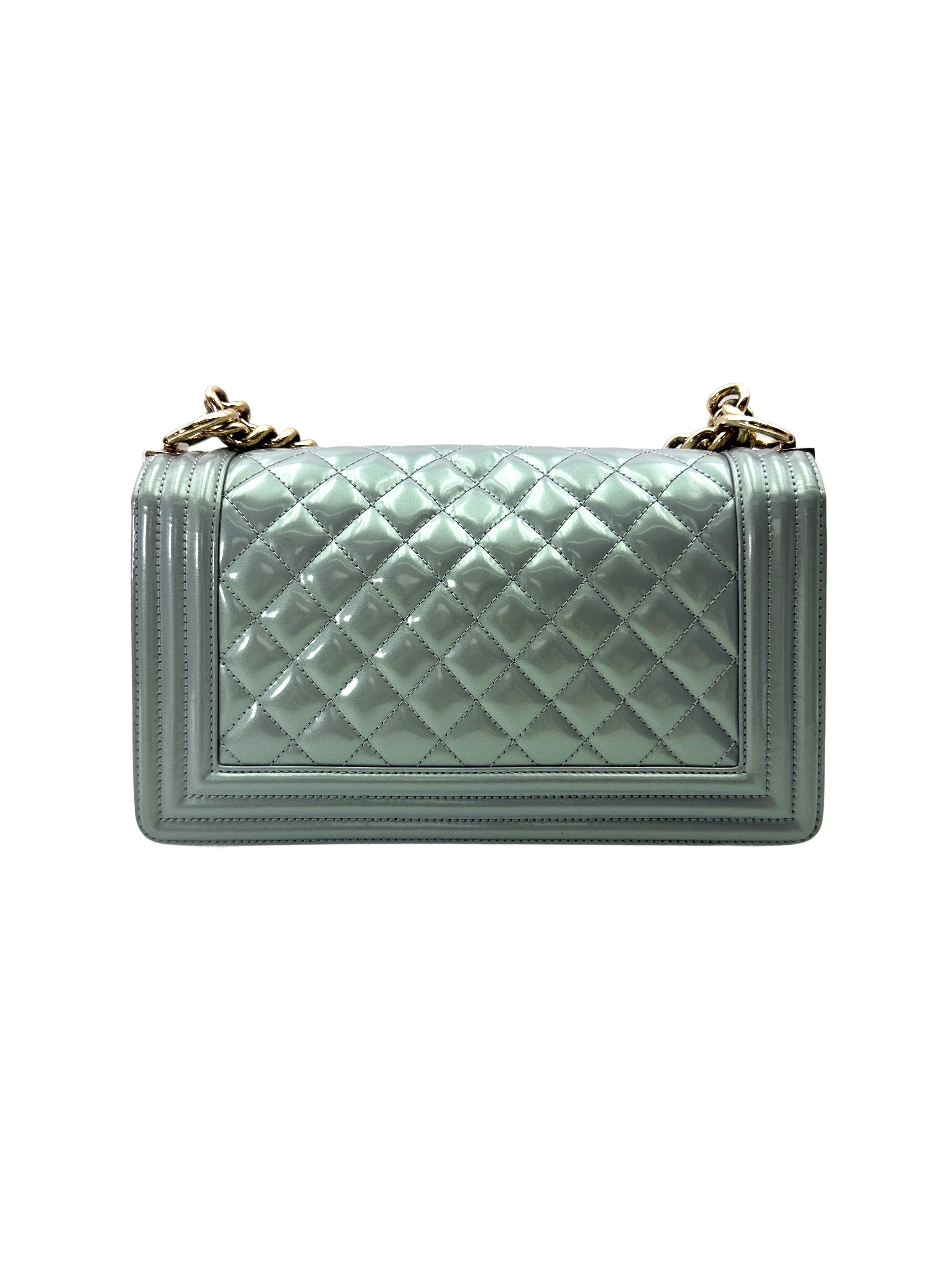 Chanel LeBoy Blue Quilted Patent Leather Medium Size Flap Bag With Gold Buckle(22***11) CC1986