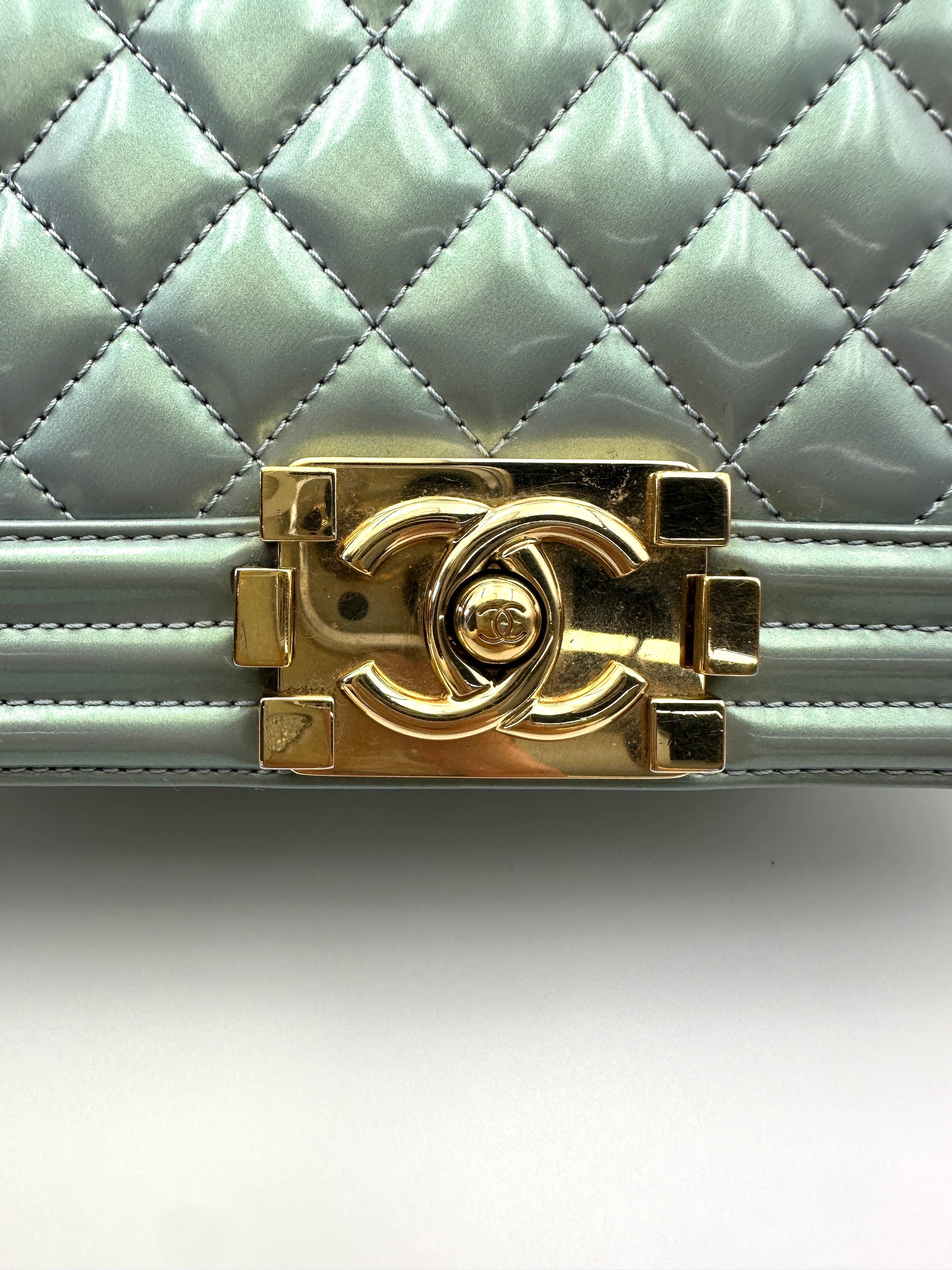 Chanel LeBoy Blue Quilted Patent Leather Medium Size Flap Bag With Gold Buckle(22***11) CC1986