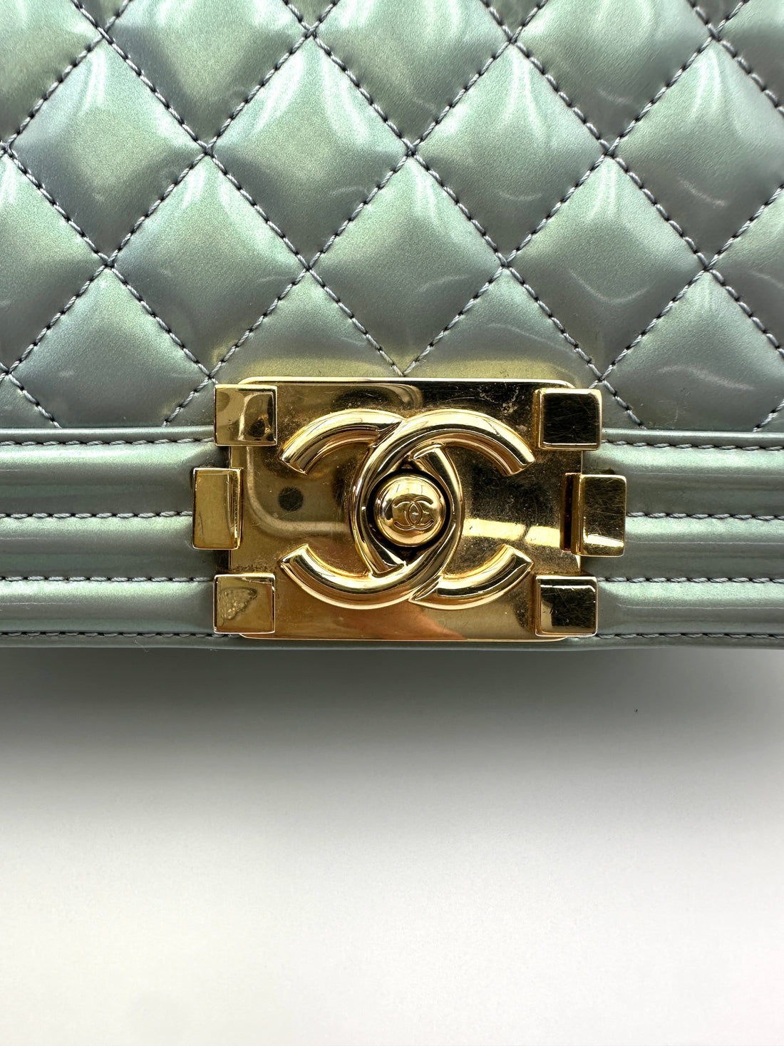 Chanel LeBoy Blue Quilted Patent Leather Medium Size Flap Bag With Gold Buckle(22***11) CC1986