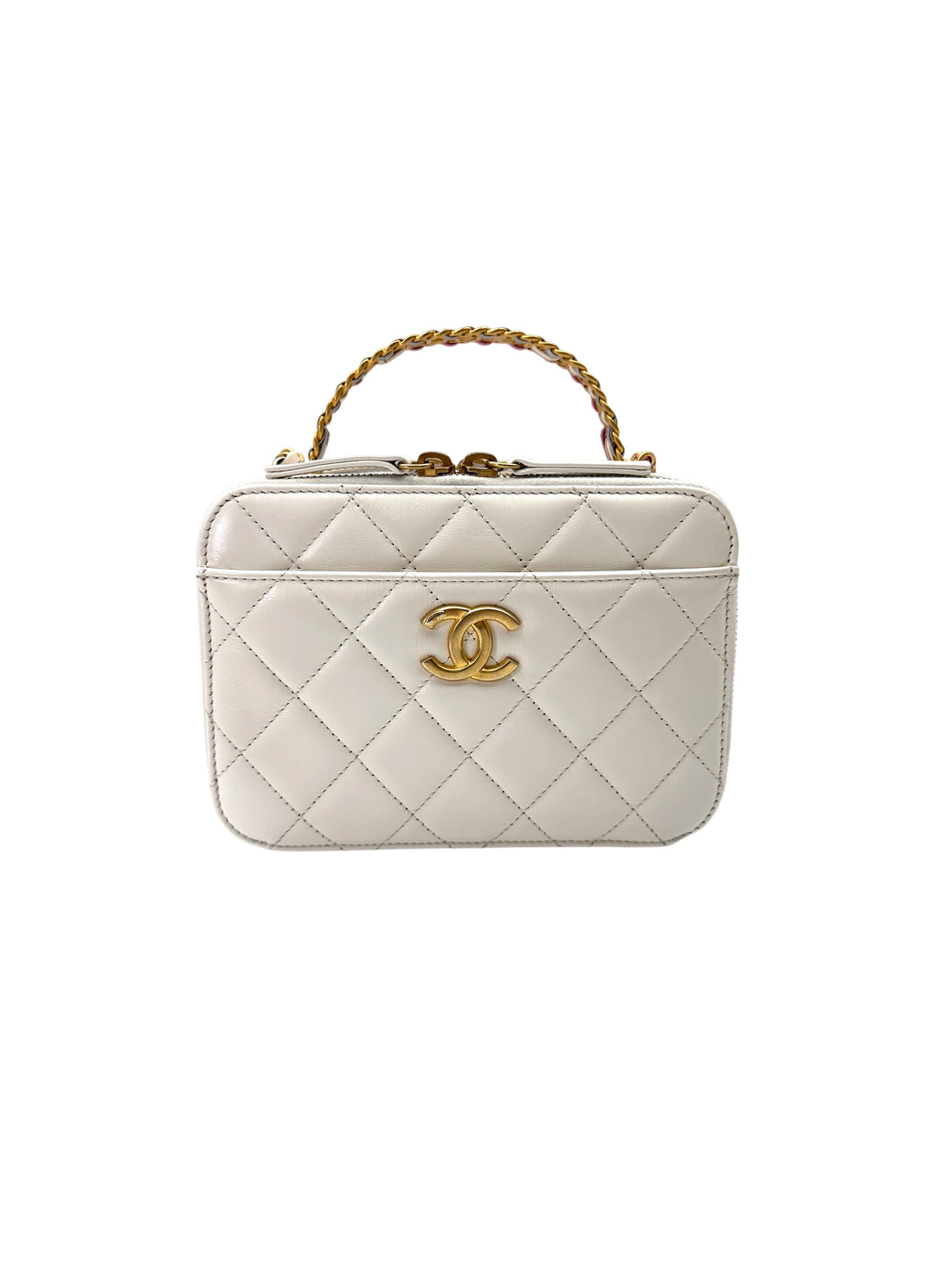 Chanel 22S White Quilted Leather Vanity Case With Rainbow Chain(C9***84) IRIS218