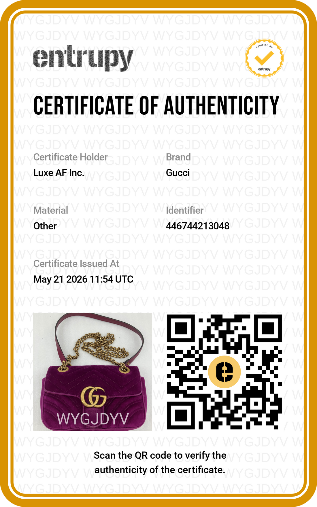 Gucci GG Marmont Purple Velvet Shoulder Bag GG1042