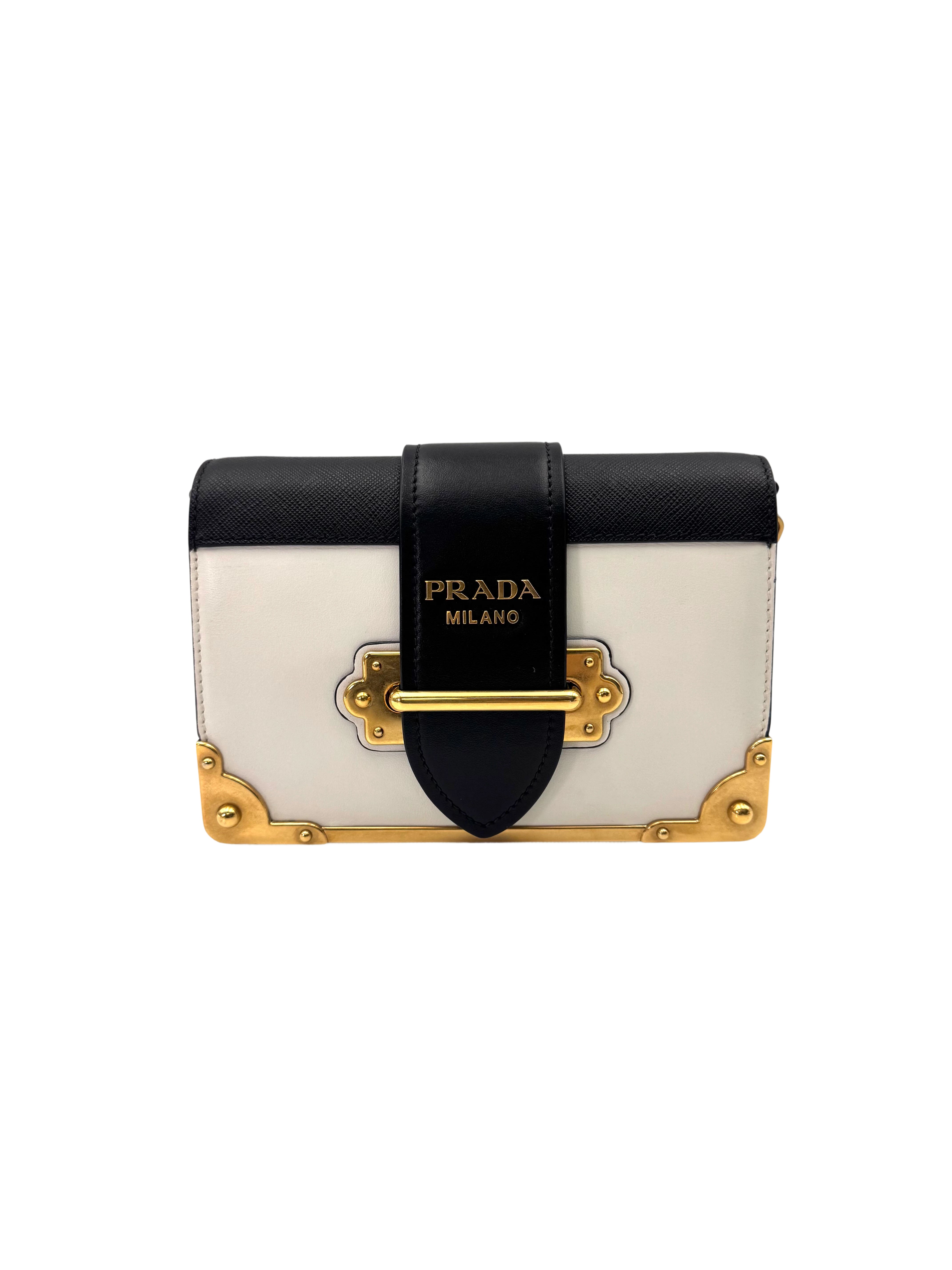 Prada Cahier Black/White Saffiano Leather Shoulder Bag With Gold Hardware PR355
