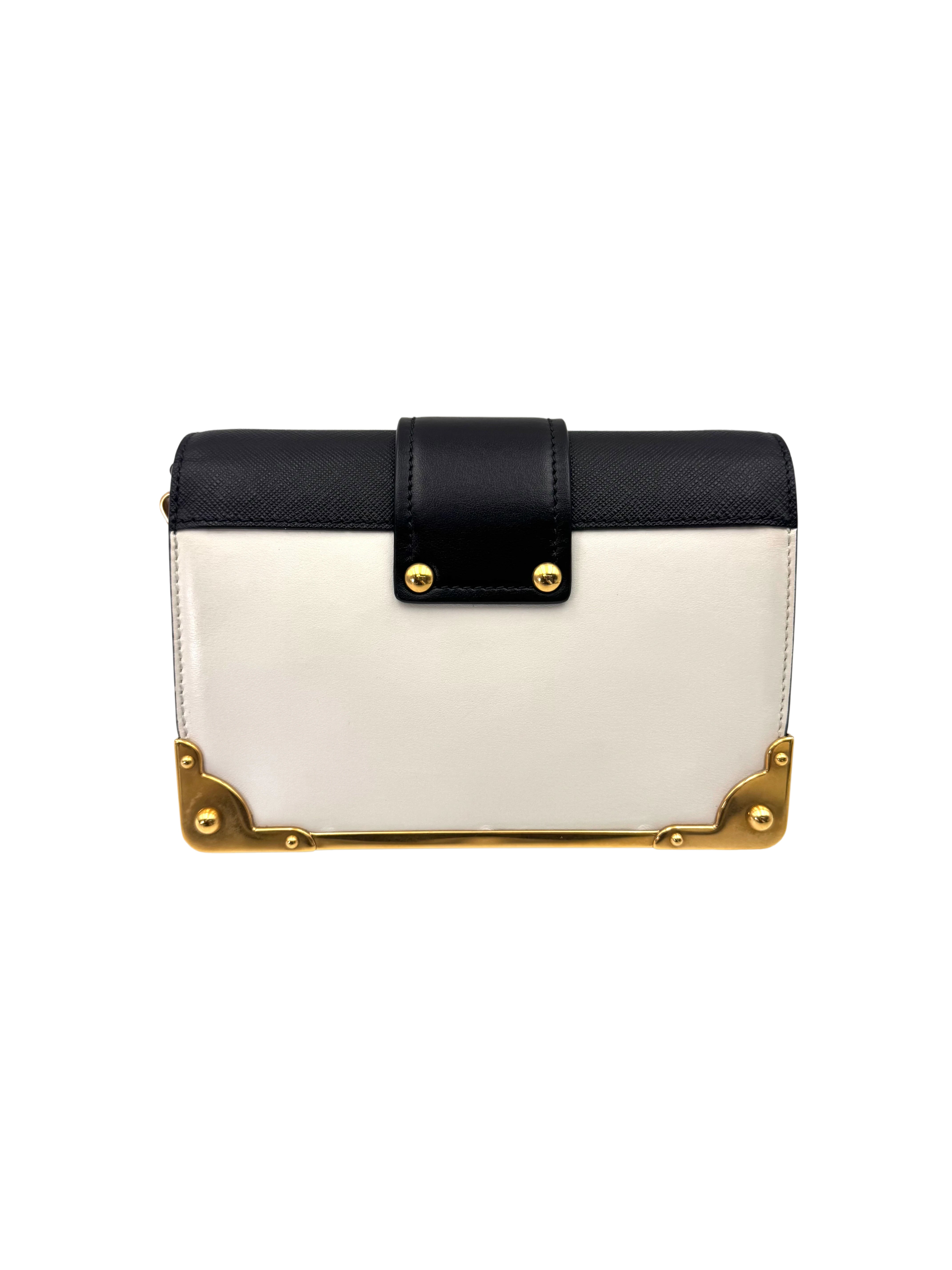 Prada Cahier Black/White Saffiano Leather Shoulder Bag With Gold Hardware PR355