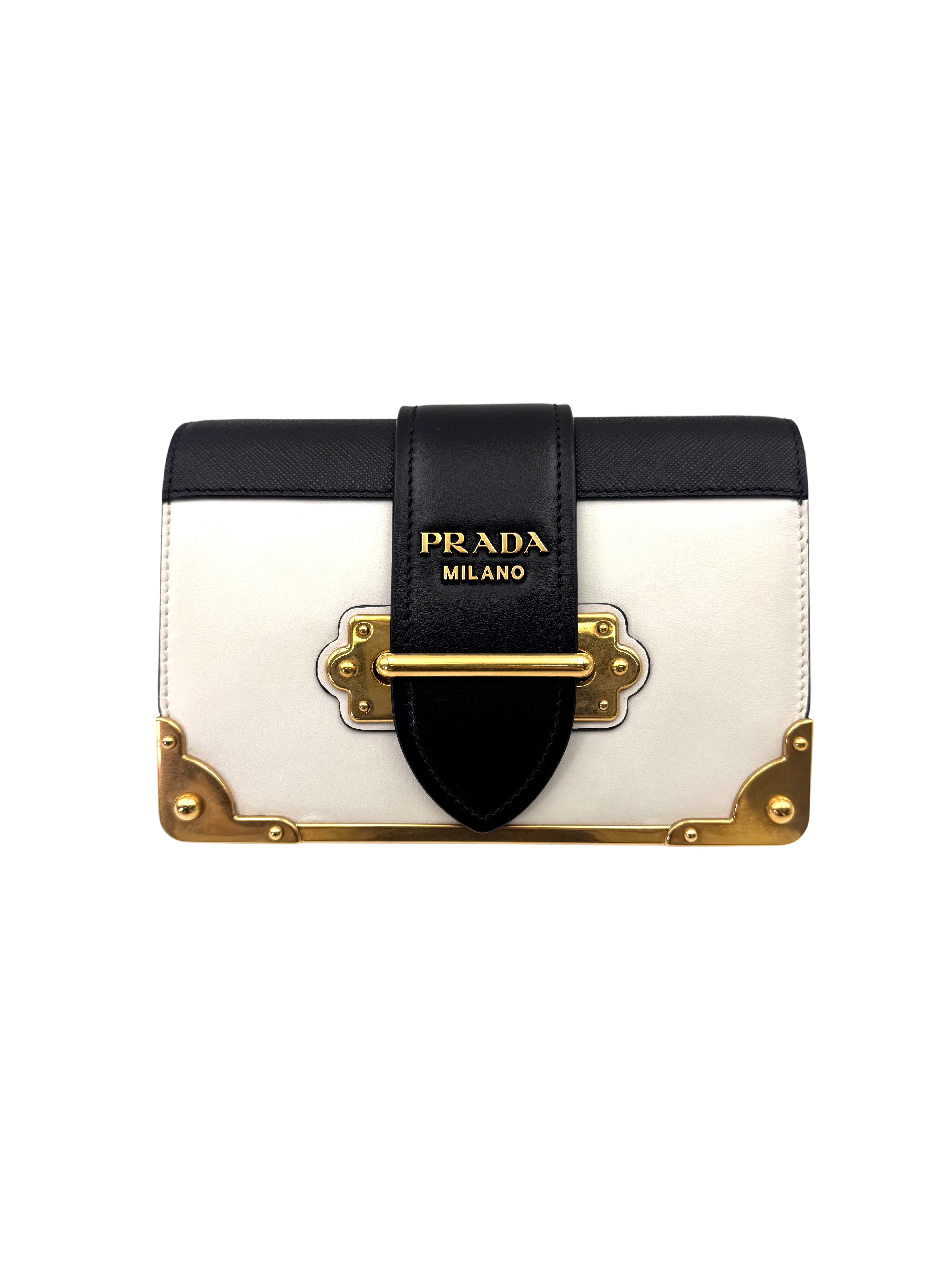 Prada Cahier Black/White Saffiano Leather Shoulder Bag With Gold Hardware PR355