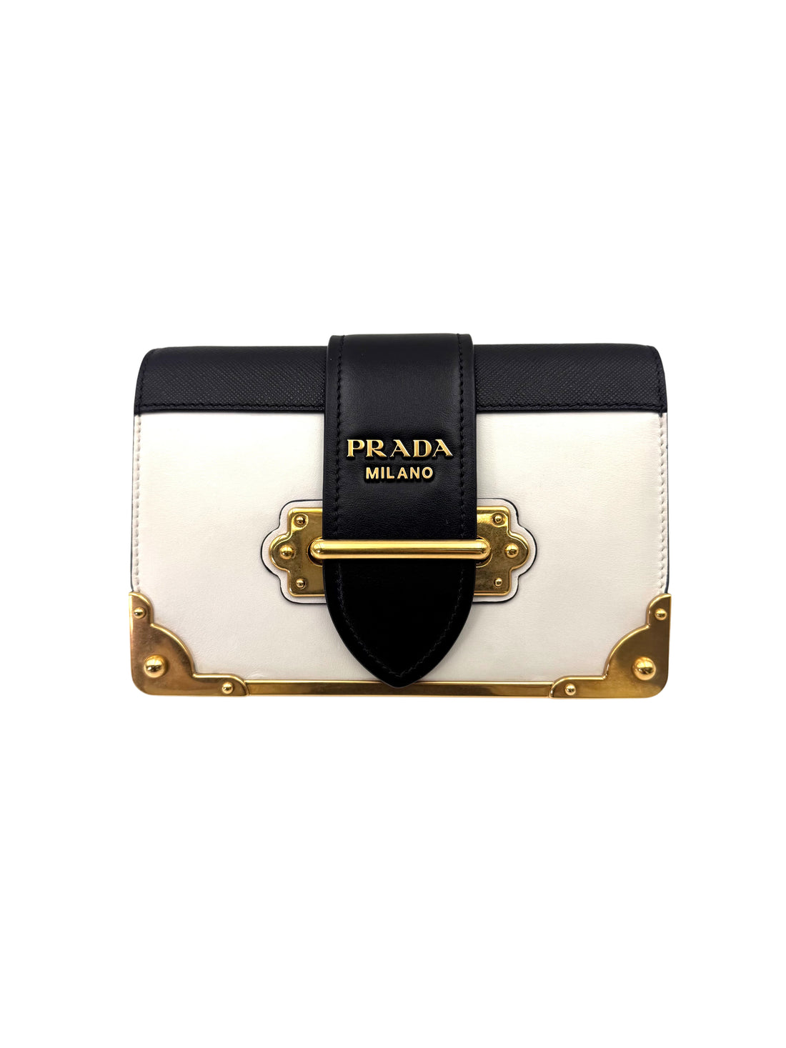 Prada Cahier Black/White Saffiano Leather Shoulder Bag With Gold Hardware PR355