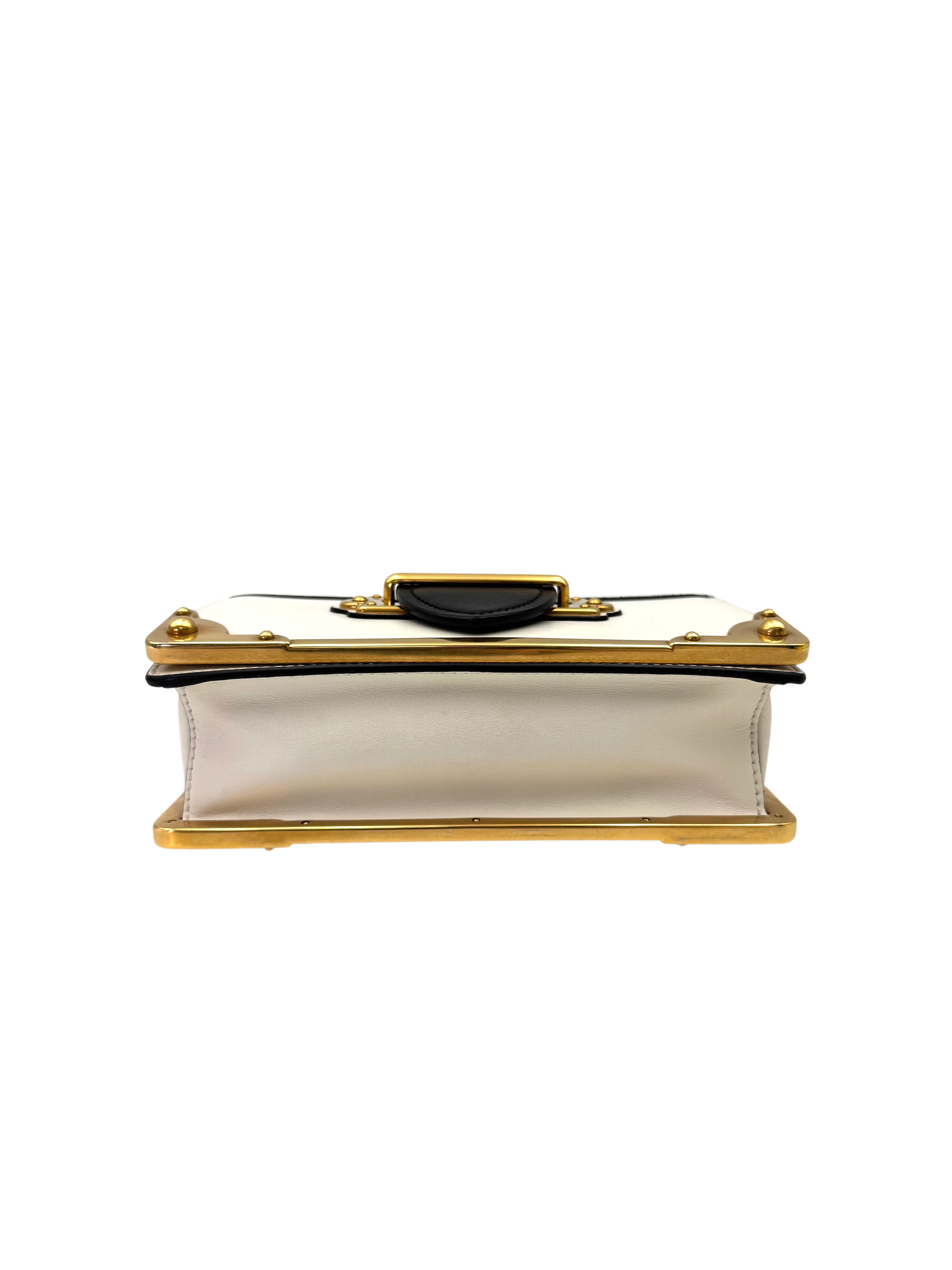 Prada Cahier Black/White Saffiano Leather Shoulder Bag With Gold Hardware PR355