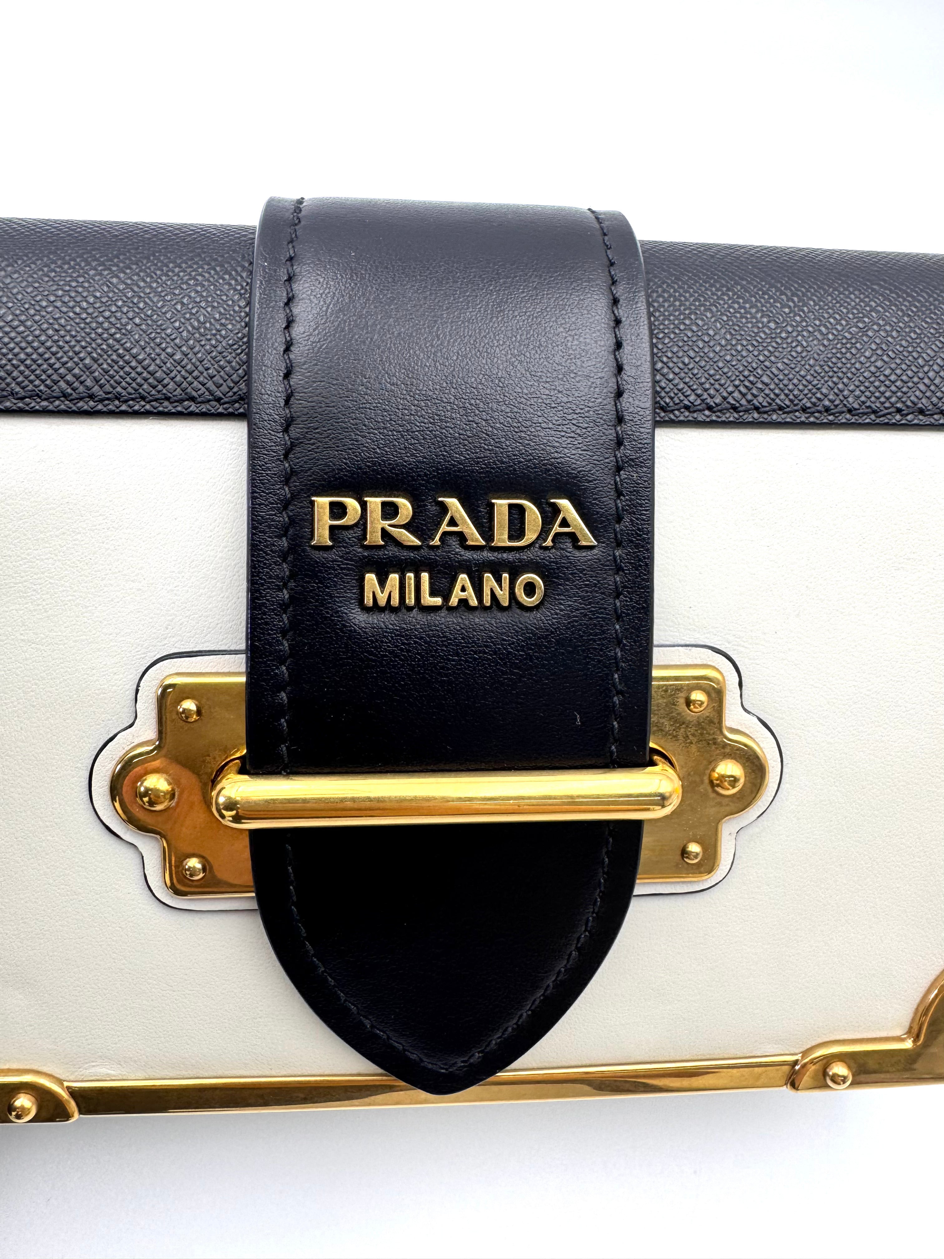 Prada Cahier Black/White Saffiano Leather Shoulder Bag With Gold Hardware PR355