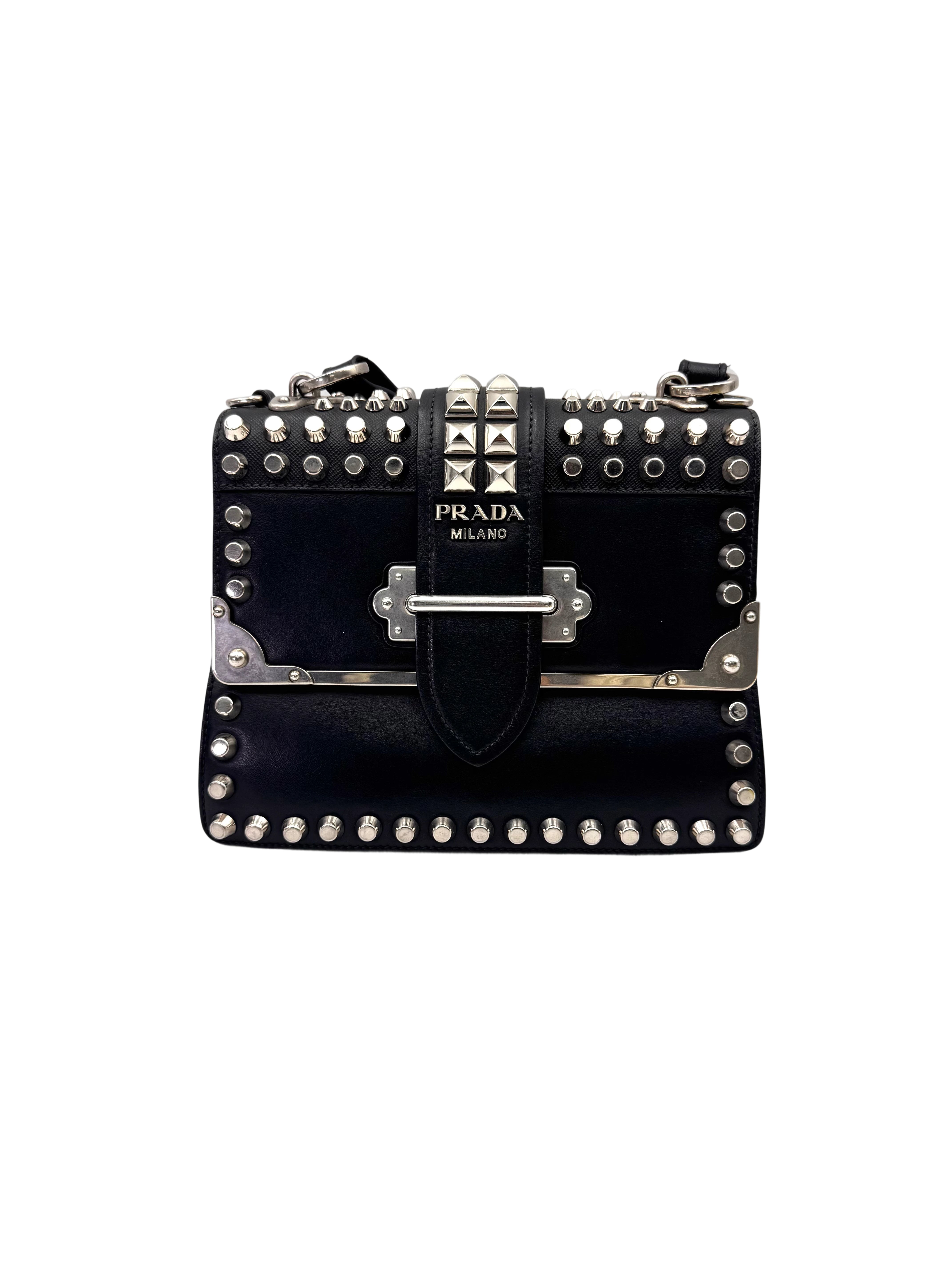 Prada Cahier Black Leather Studded Shoulder Bag PR356