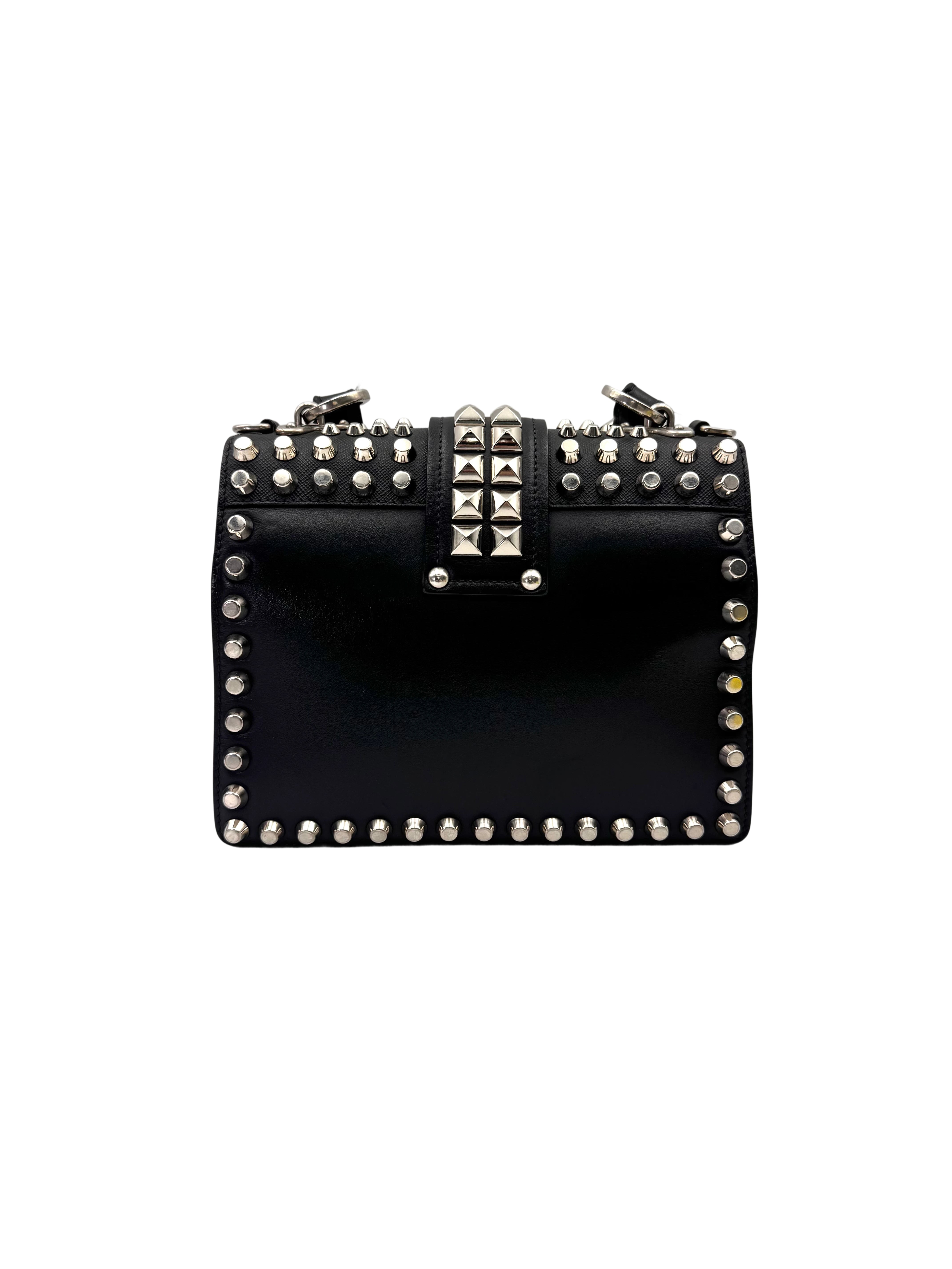 Prada Cahier Black Leather Studded Shoulder Bag PR356