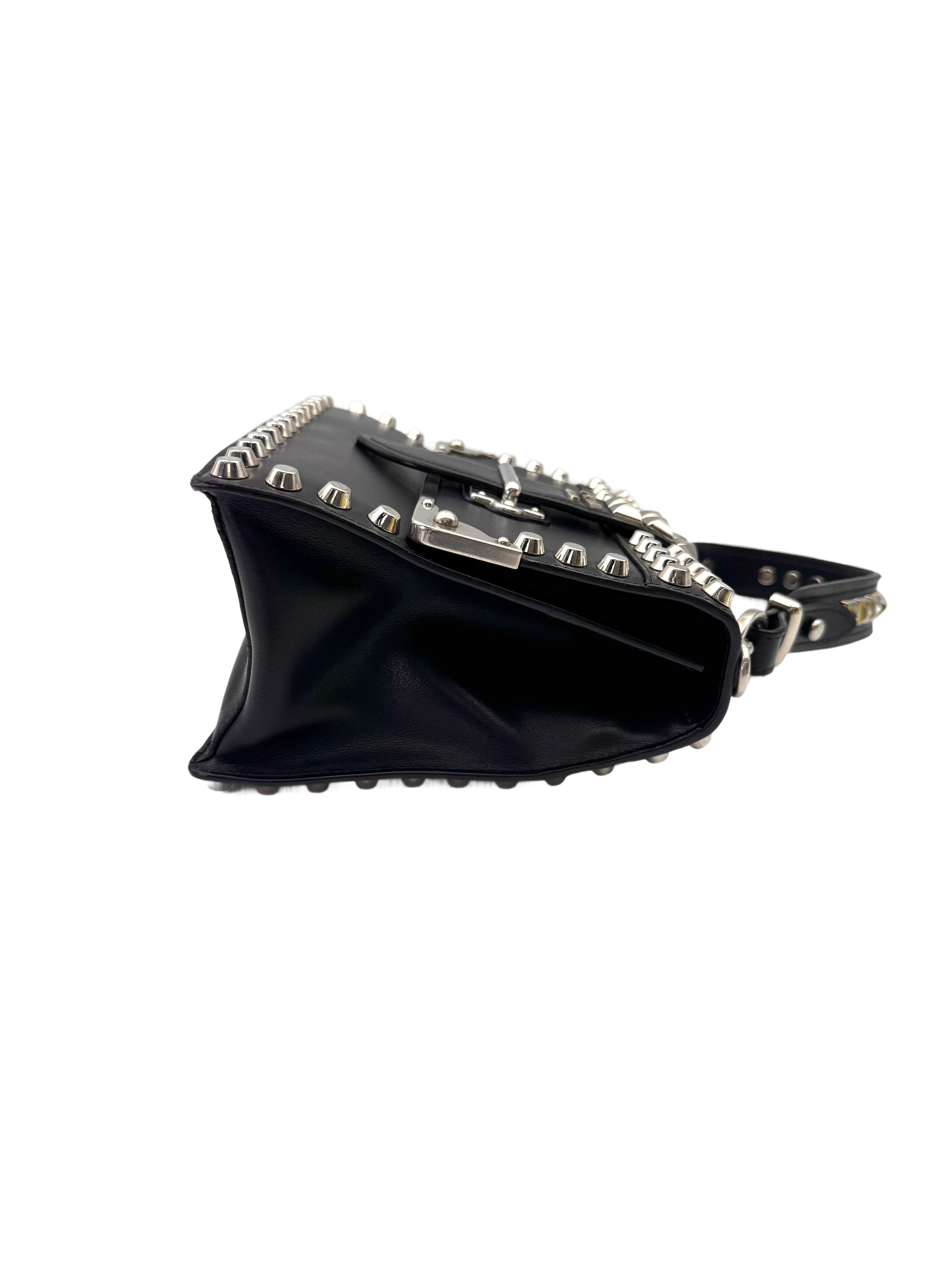 Prada Cahier Black Leather Studded Shoulder Bag PR356