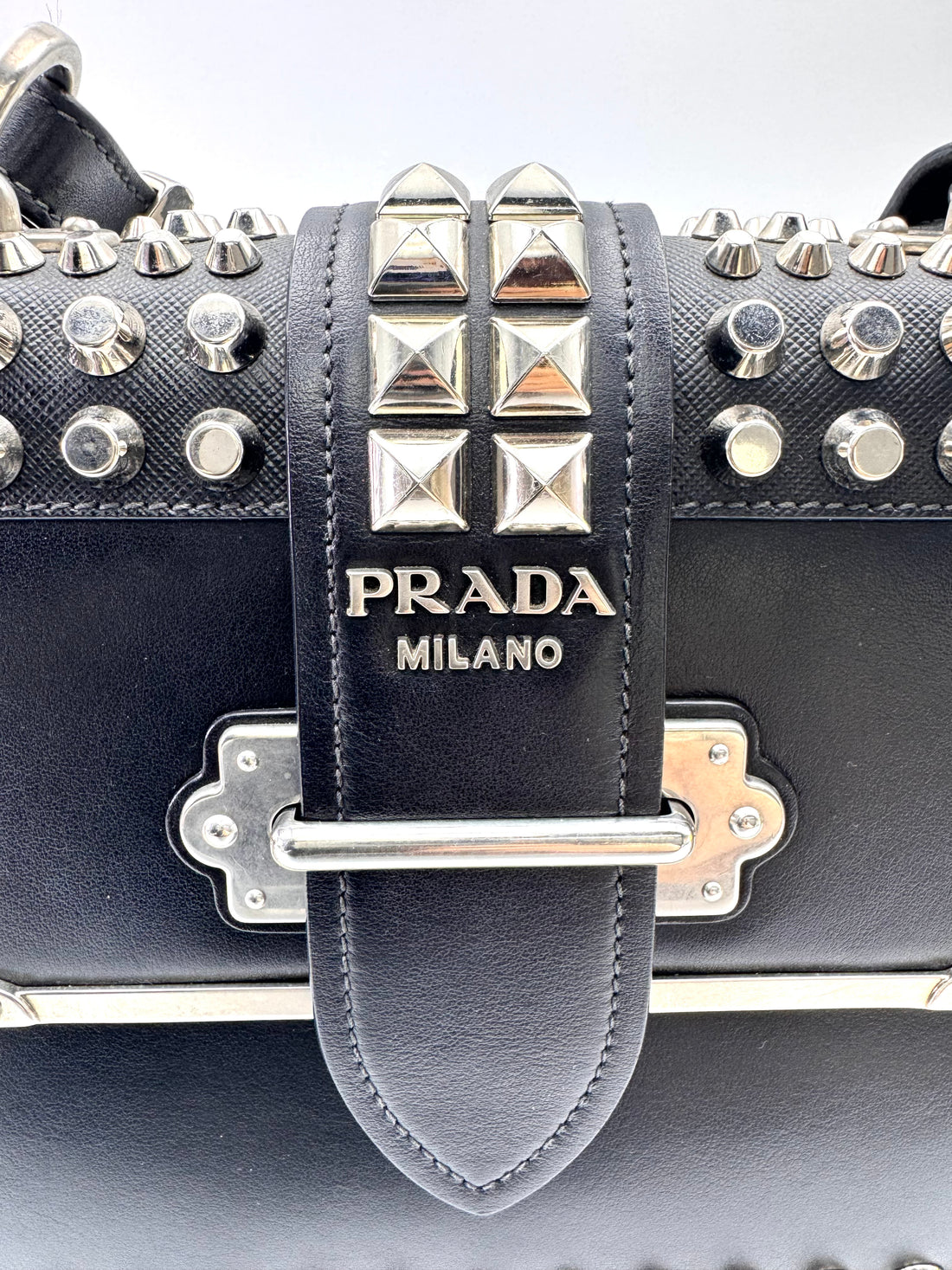 Prada Cahier Black Leather Studded Shoulder Bag PR356