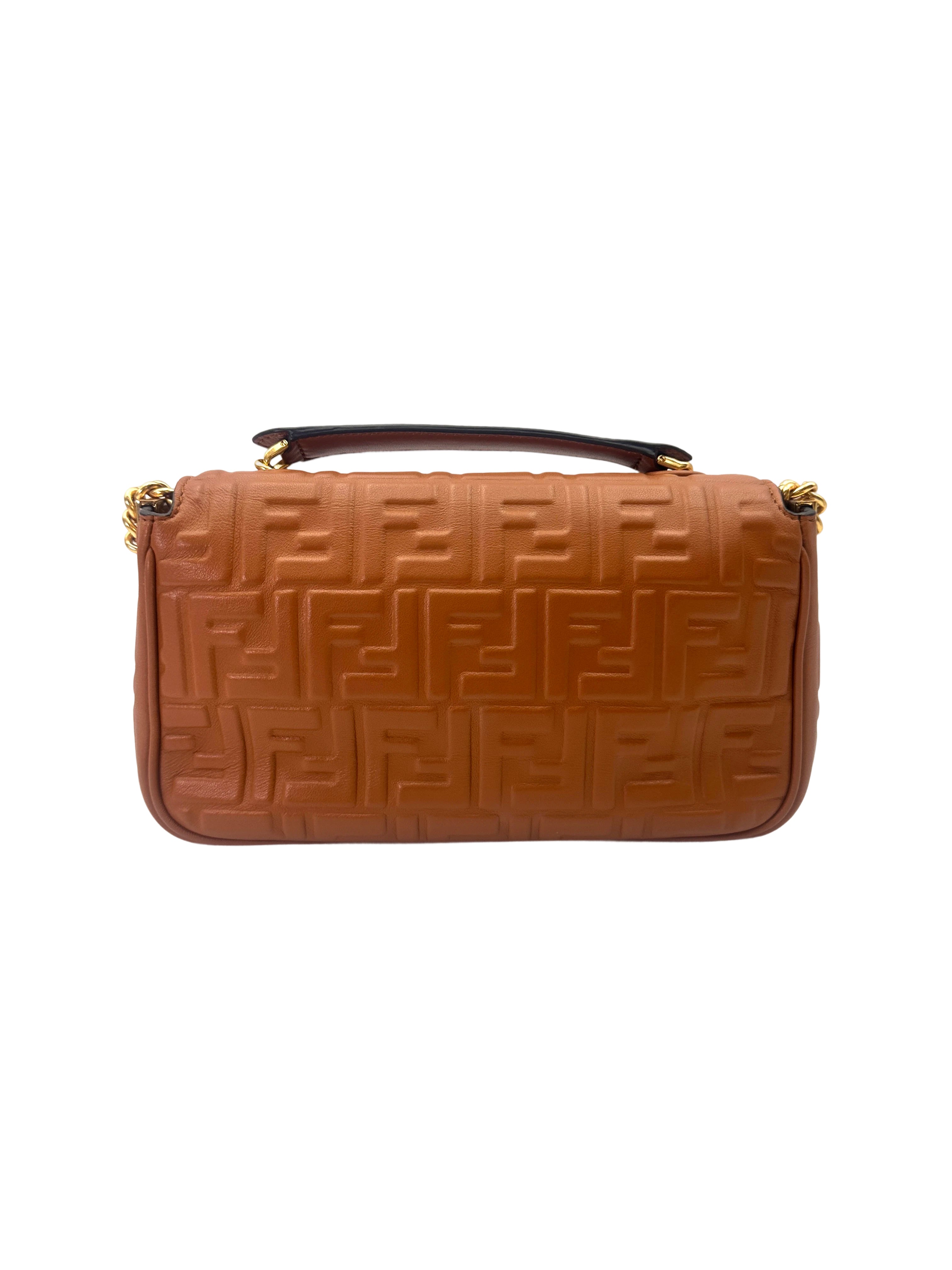 Fendi Baguette Brown 3D Embossed FF Motif Leather Shoulder Bag FF105