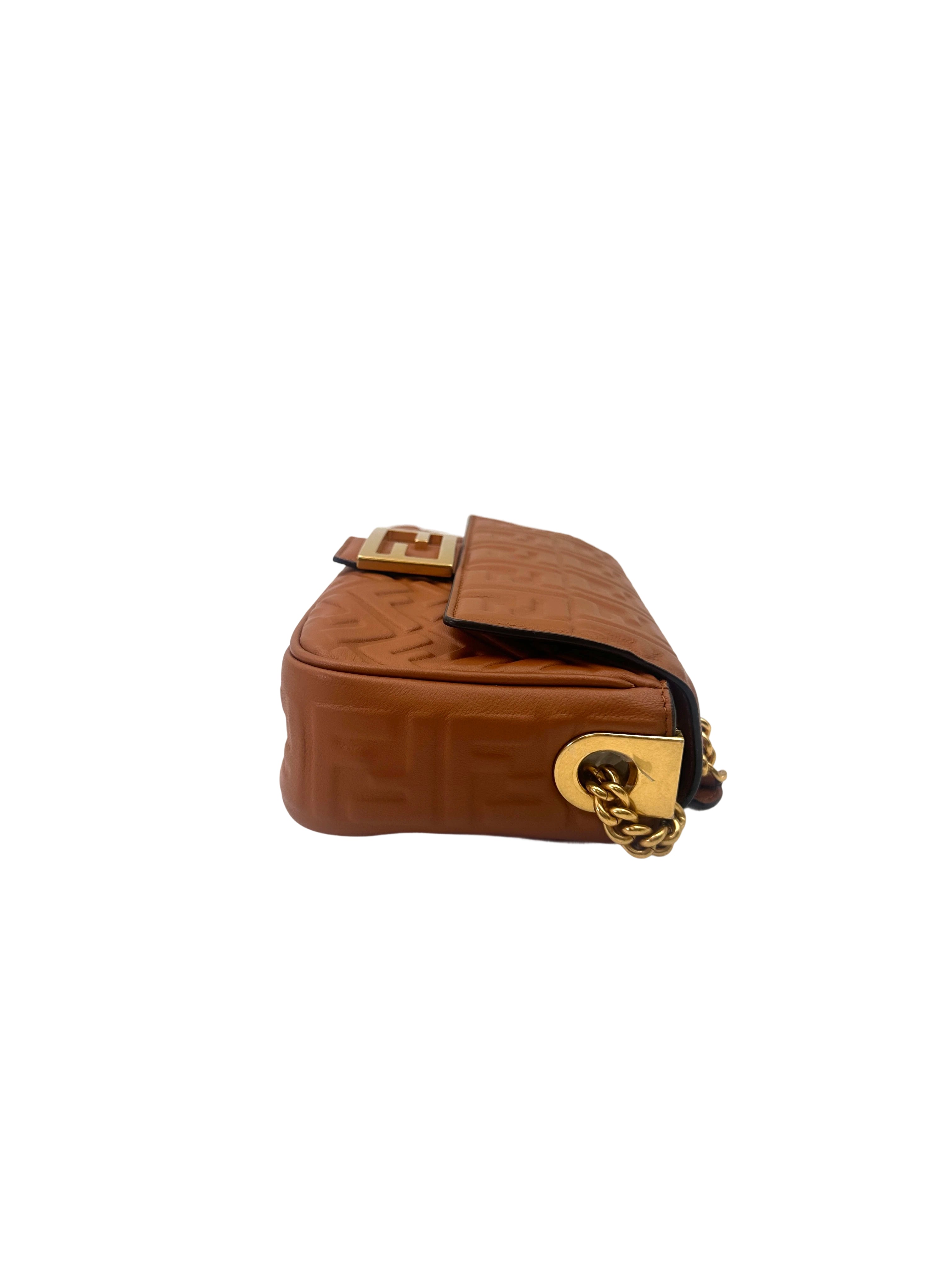 Fendi Baguette Brown 3D Embossed FF Motif Leather Shoulder Bag FF105
