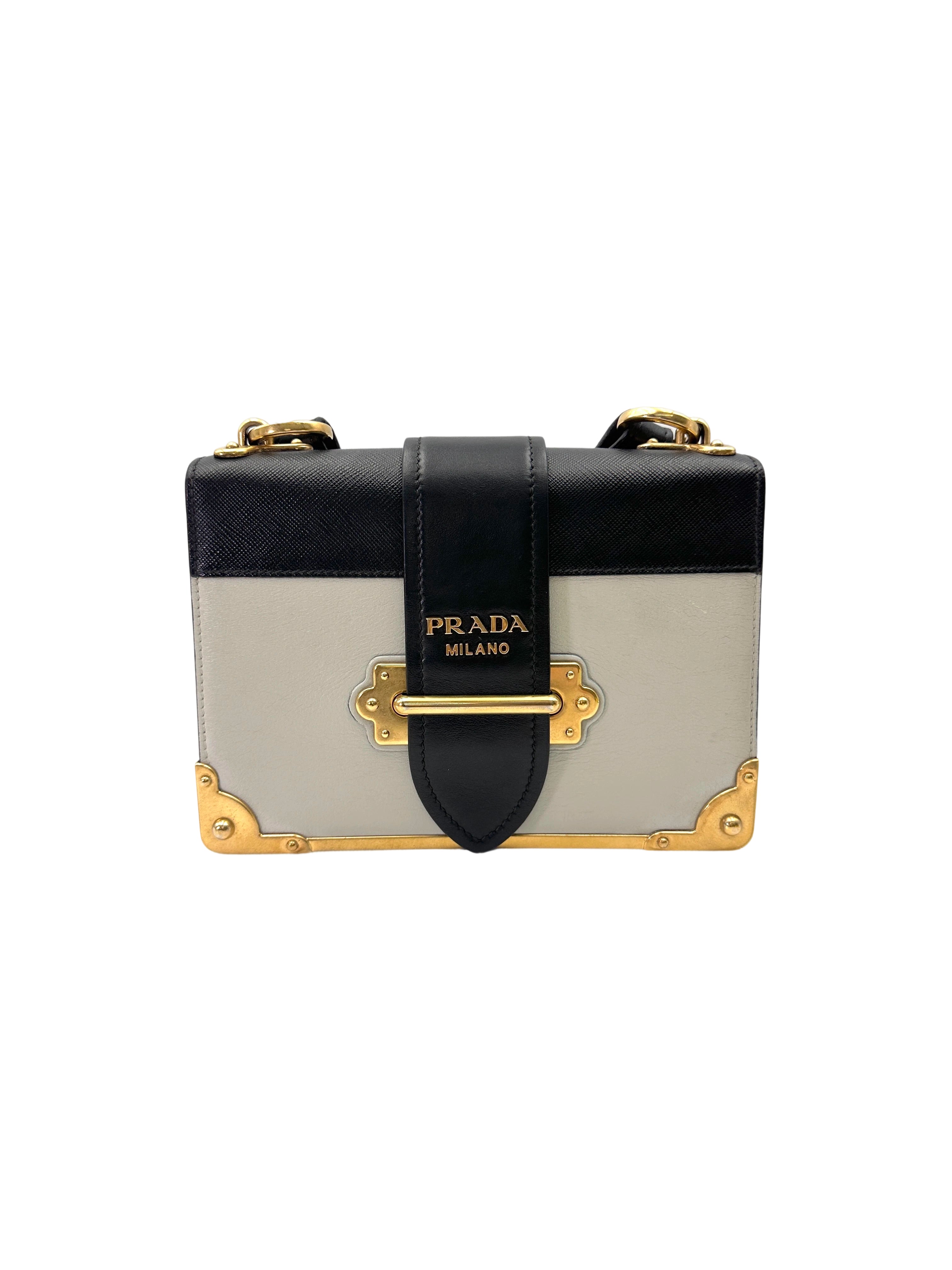 Prada Cahier Black/White Saffiano Leather Shoulder Bag With Gold Hardware PR358