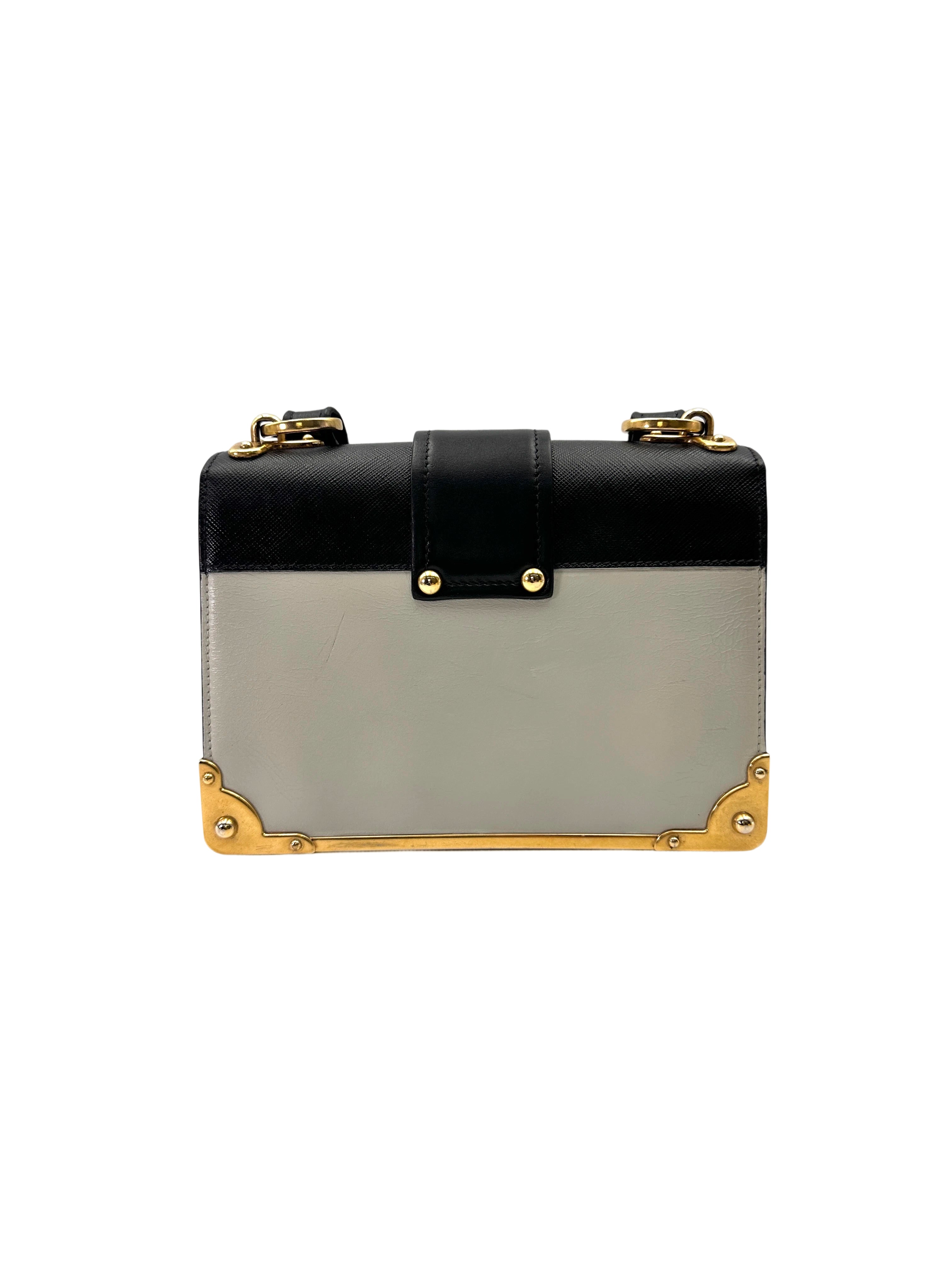 Prada Cahier Black/White Saffiano Leather Shoulder Bag With Gold Hardware PR358