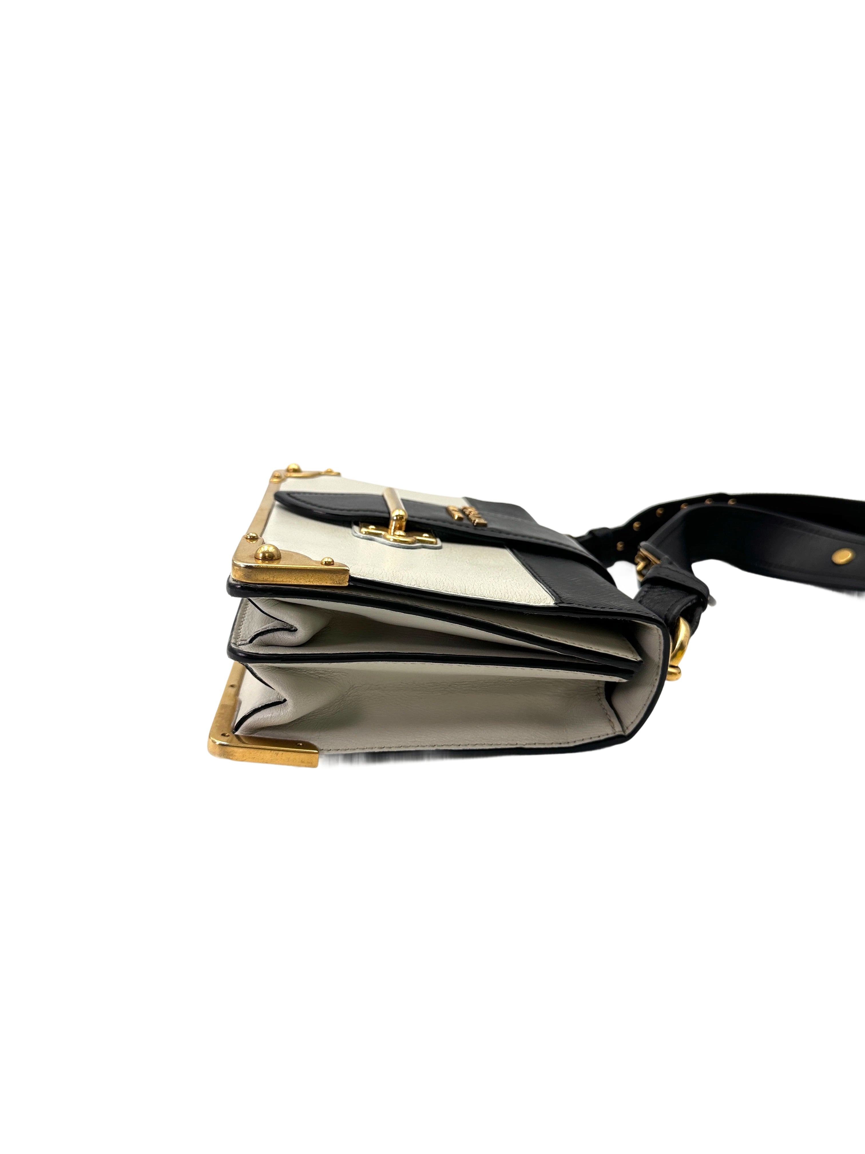 Prada Cahier Black/White Saffiano Leather Shoulder Bag With Gold Hardware PR358