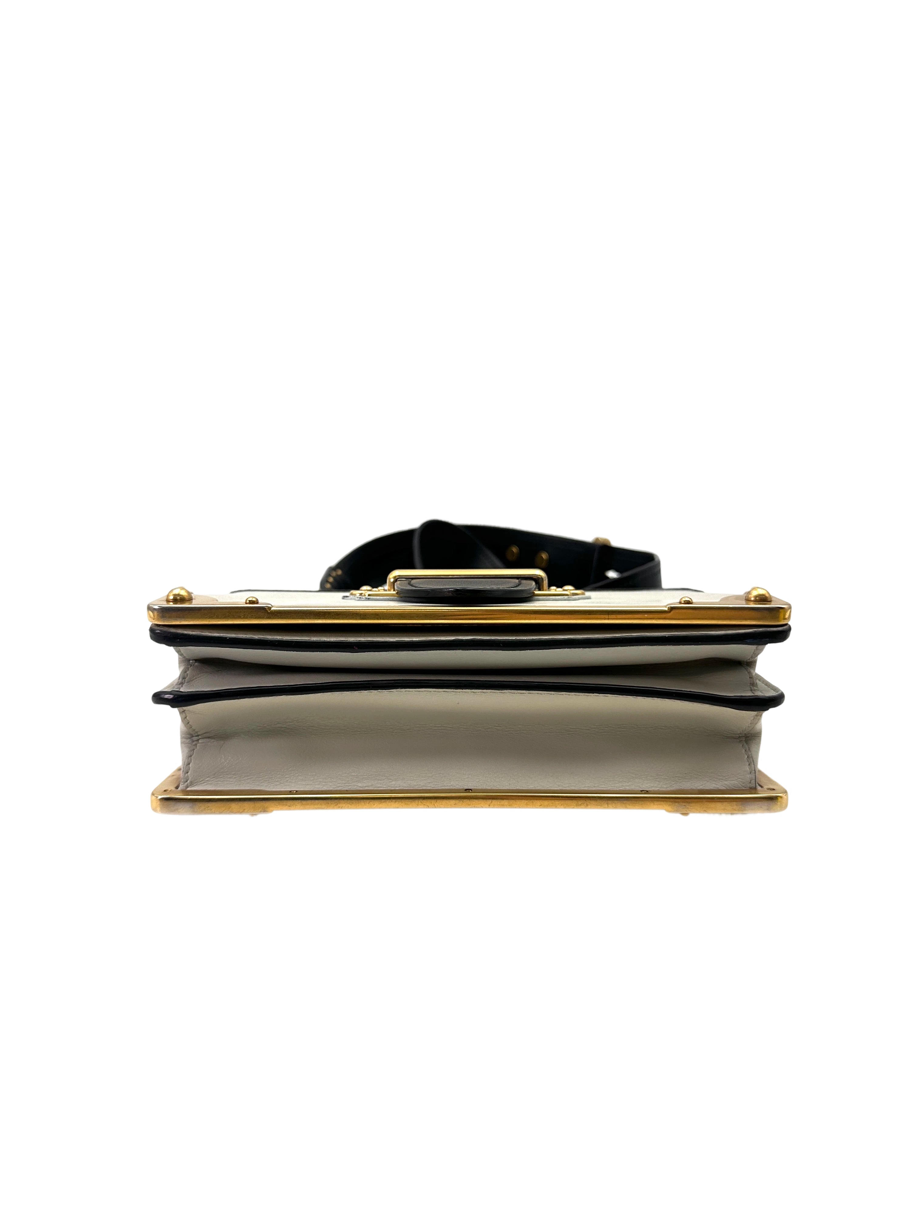 Prada Cahier Black/White Saffiano Leather Shoulder Bag With Gold Hardware PR358