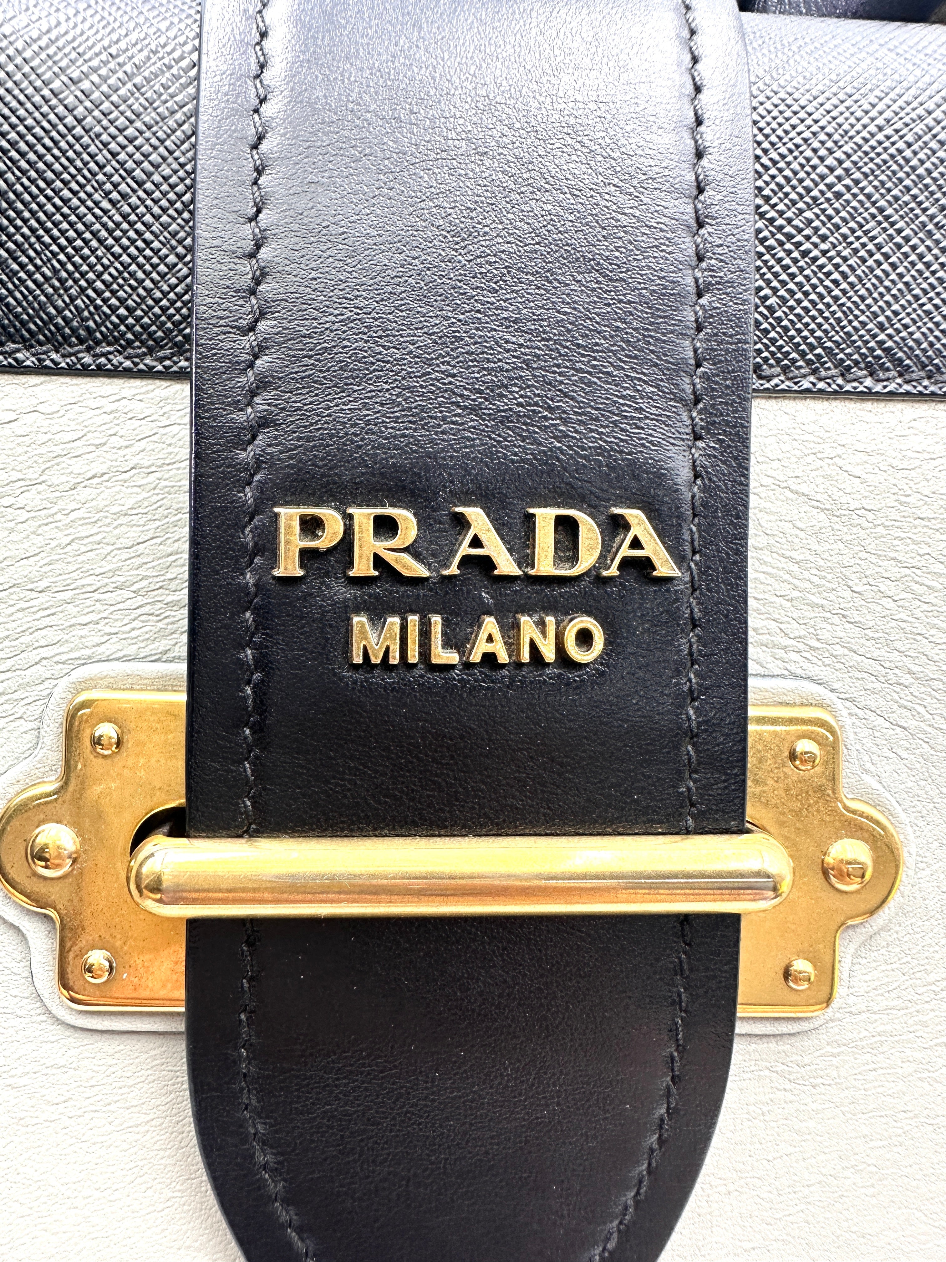 Prada Cahier Black/White Saffiano Leather Shoulder Bag With Gold Hardware PR358