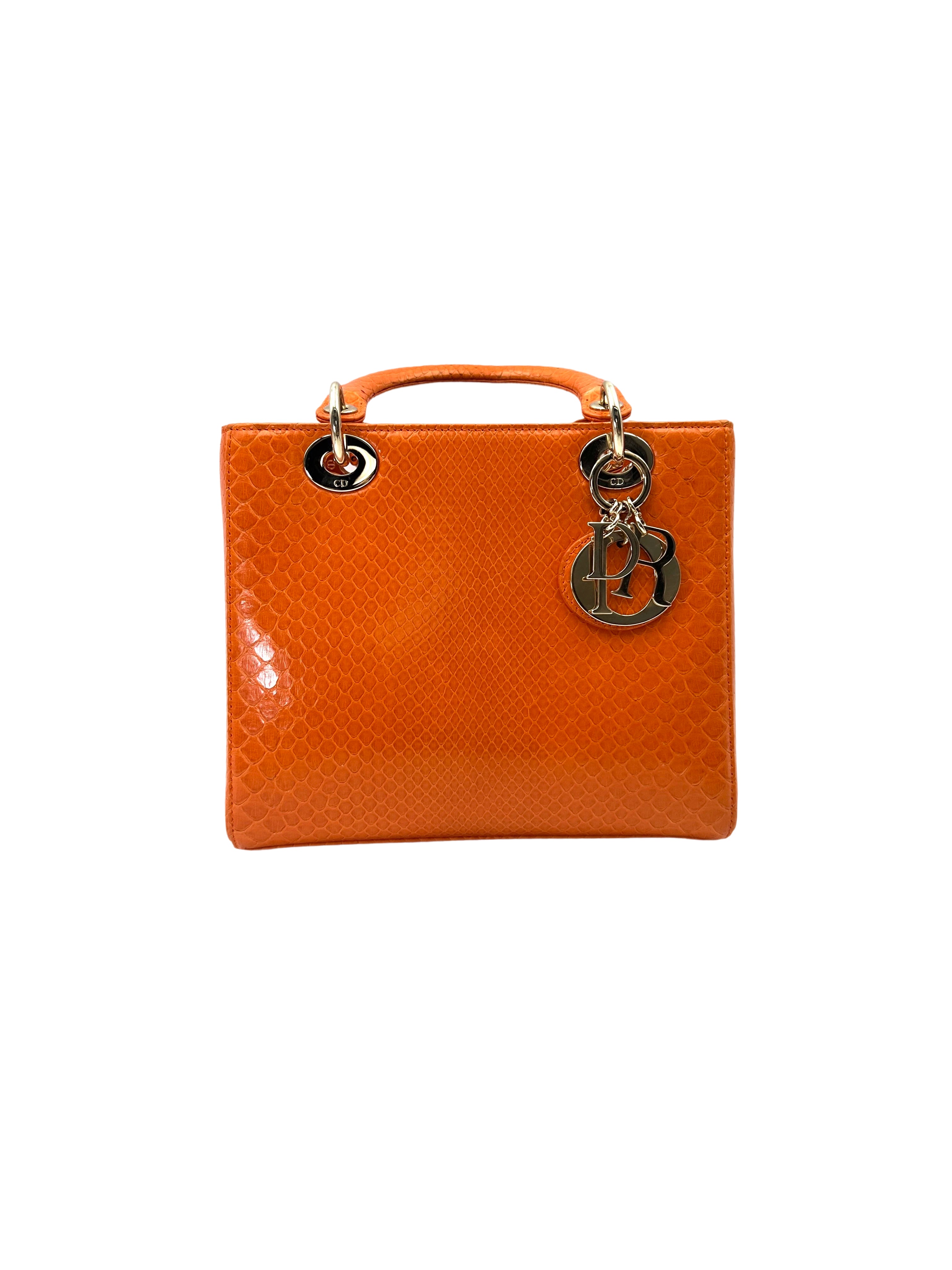 Christian Dior Lady Dior Orange Python Leather Handle Bag With Silver Charms DR741