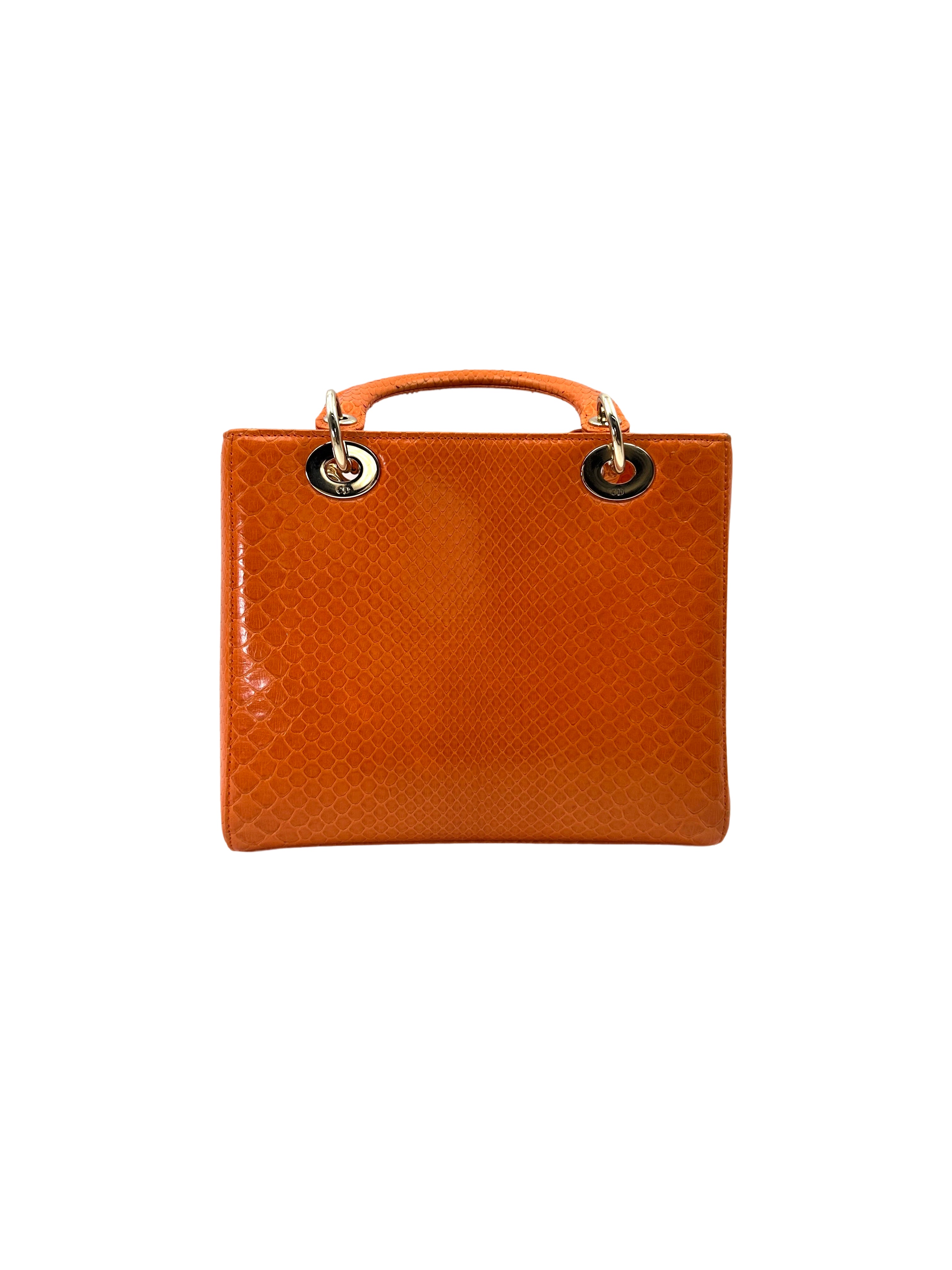Christian Dior Lady Dior Orange Python Leather Handle Bag With Silver Charms DR741