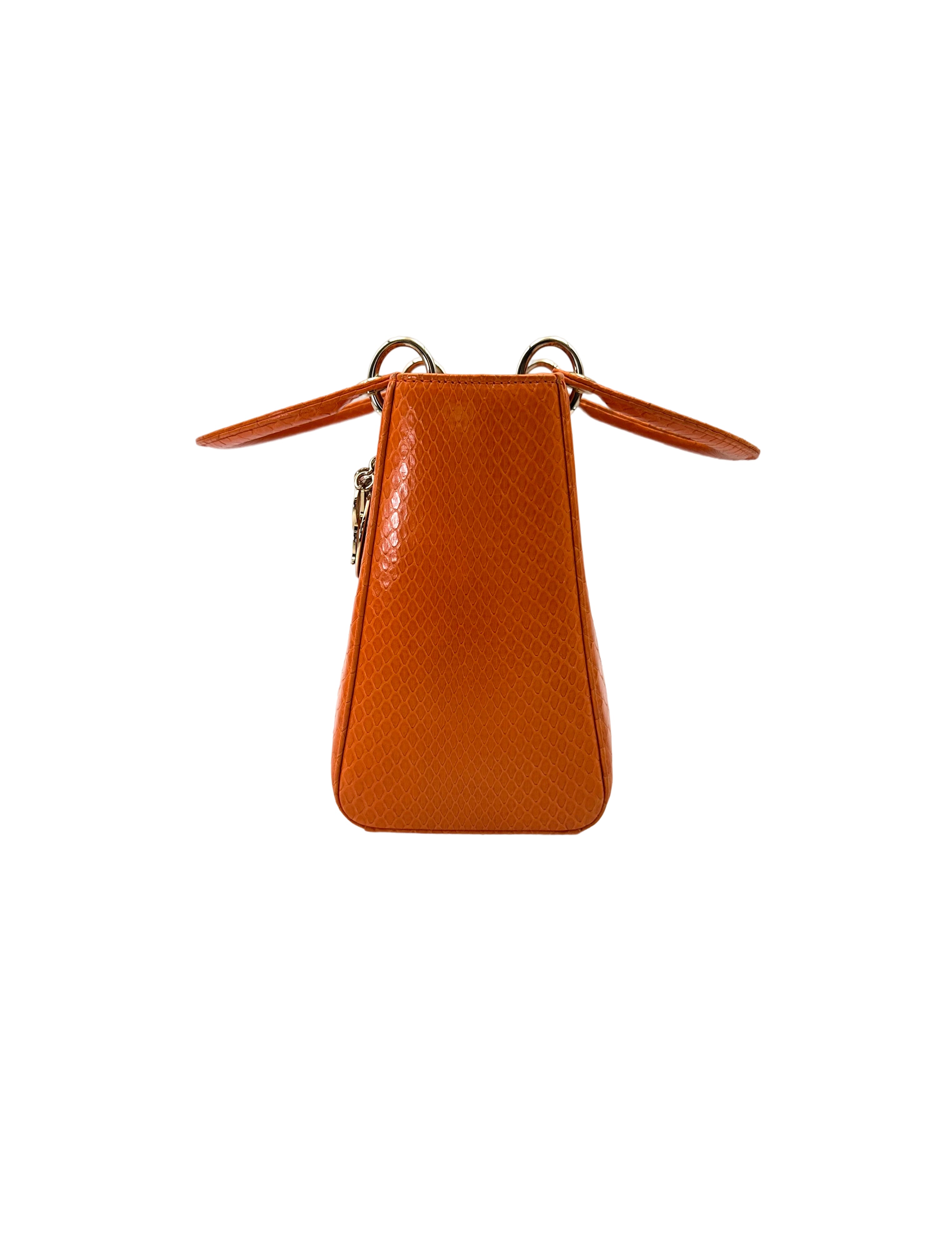 Christian Dior Lady Dior Orange Python Leather Handle Bag With Silver Charms DR741