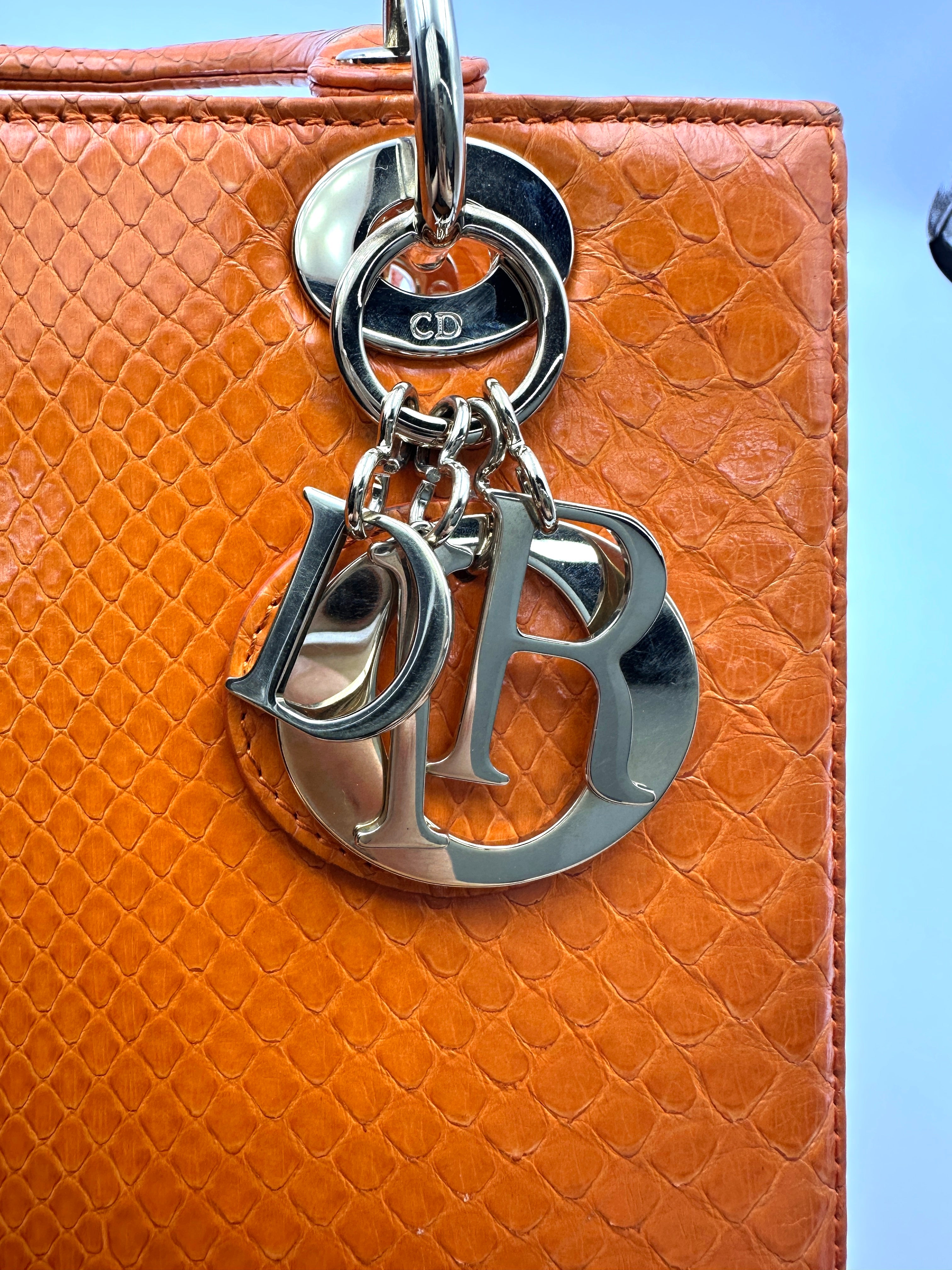 Christian Dior Lady Dior Orange Python Leather Handle Bag With Silver Charms DR741