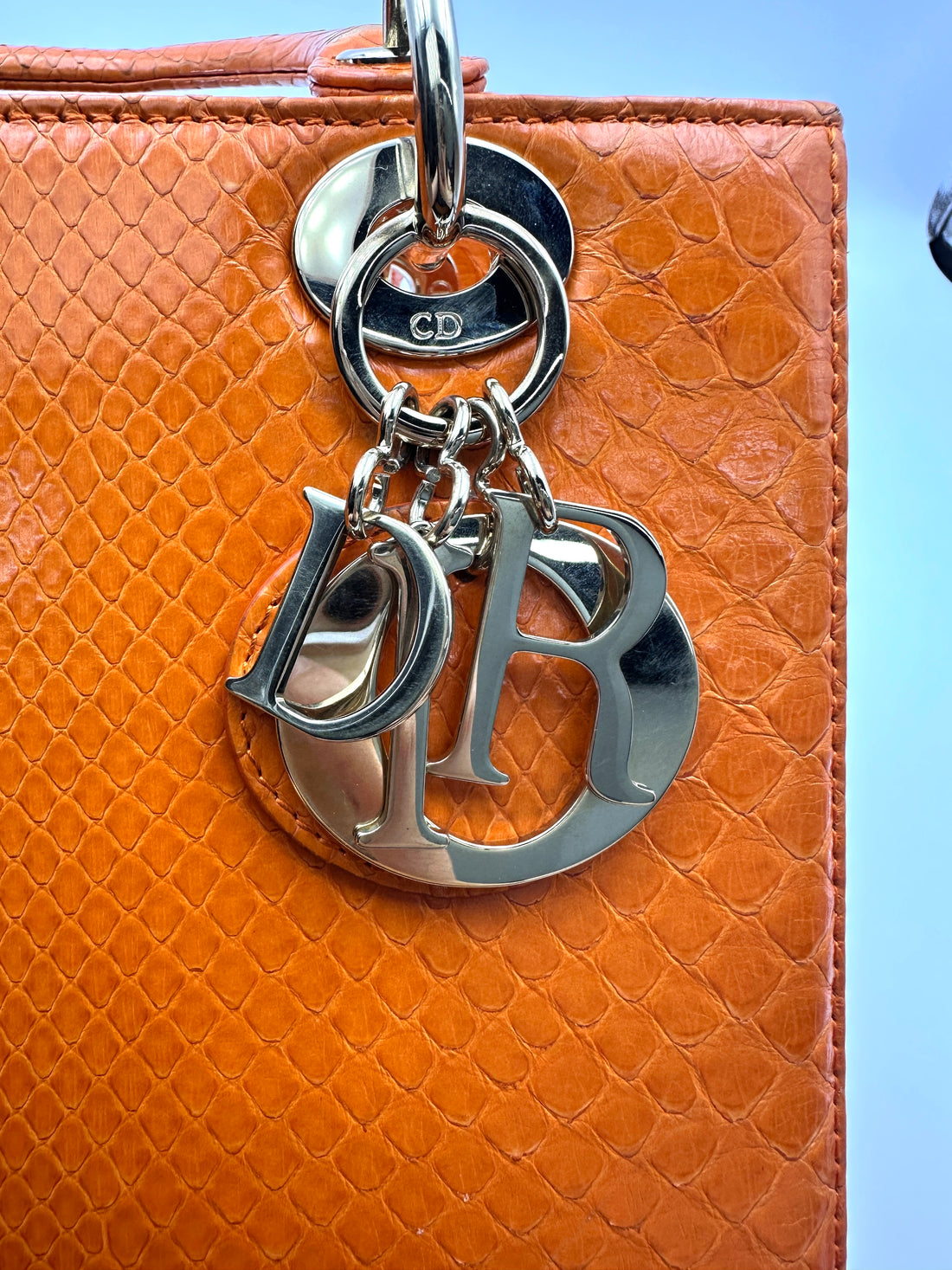 Christian Dior Lady Dior Orange Python Leather Handle Bag With Silver Charms DR741