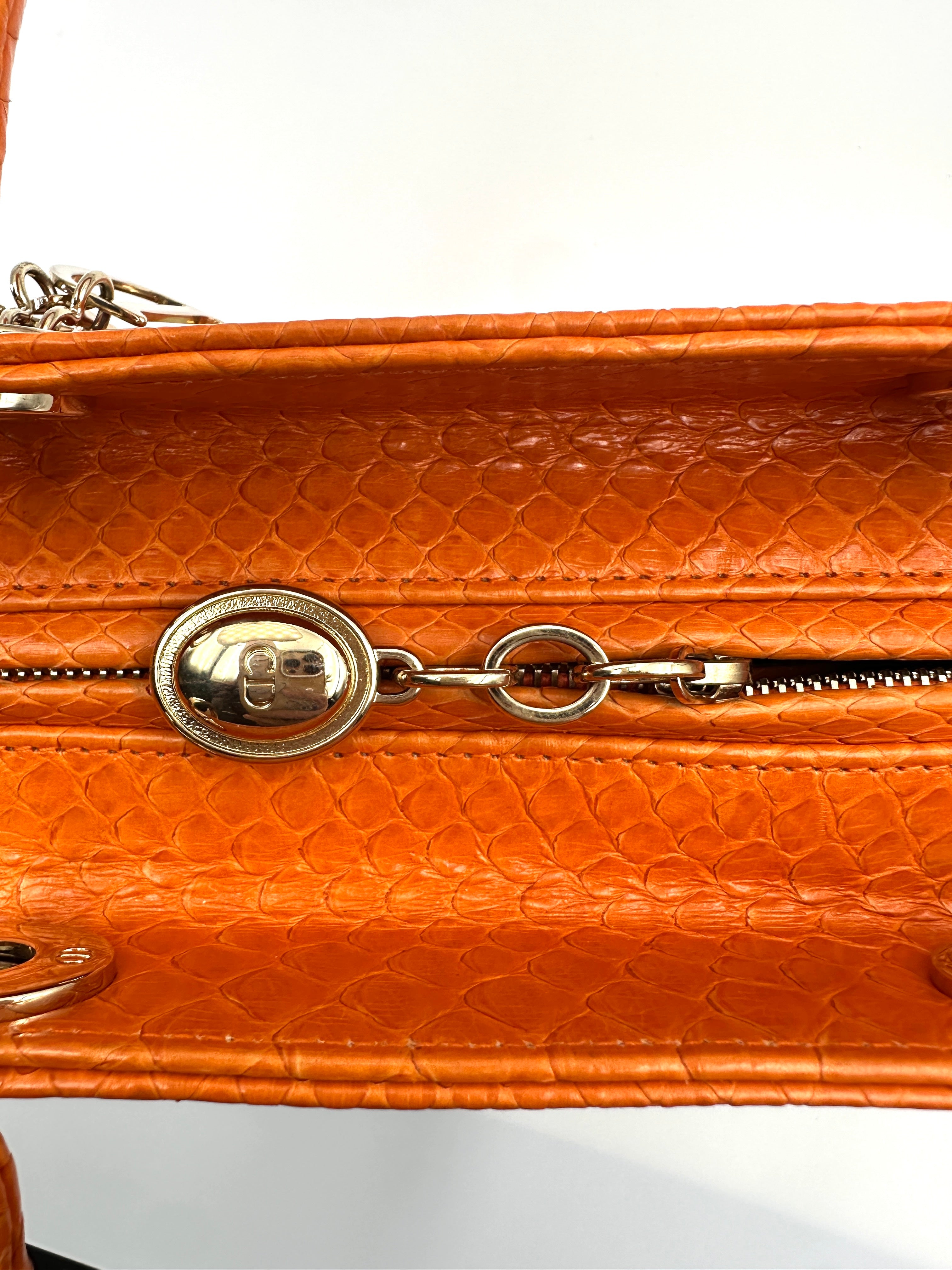 Christian Dior Lady Dior Orange Python Leather Handle Bag With Silver Charms DR741