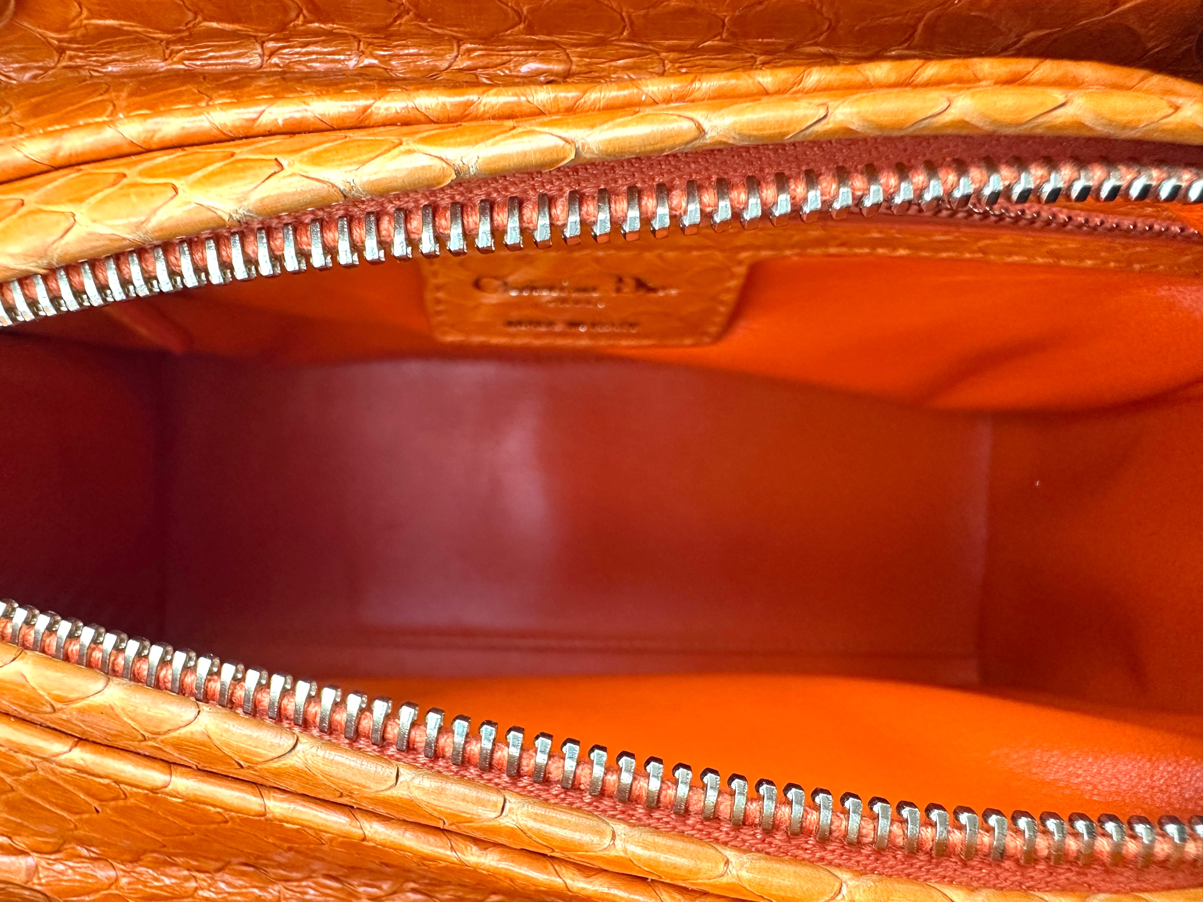 Christian Dior Lady Dior Orange Python Leather Handle Bag With Silver Charms DR741