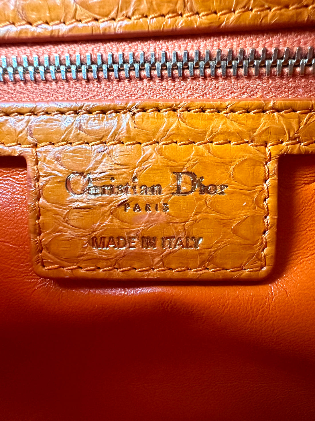 Christian Dior Lady Dior Orange Python Leather Handle Bag With Silver Charms DR741