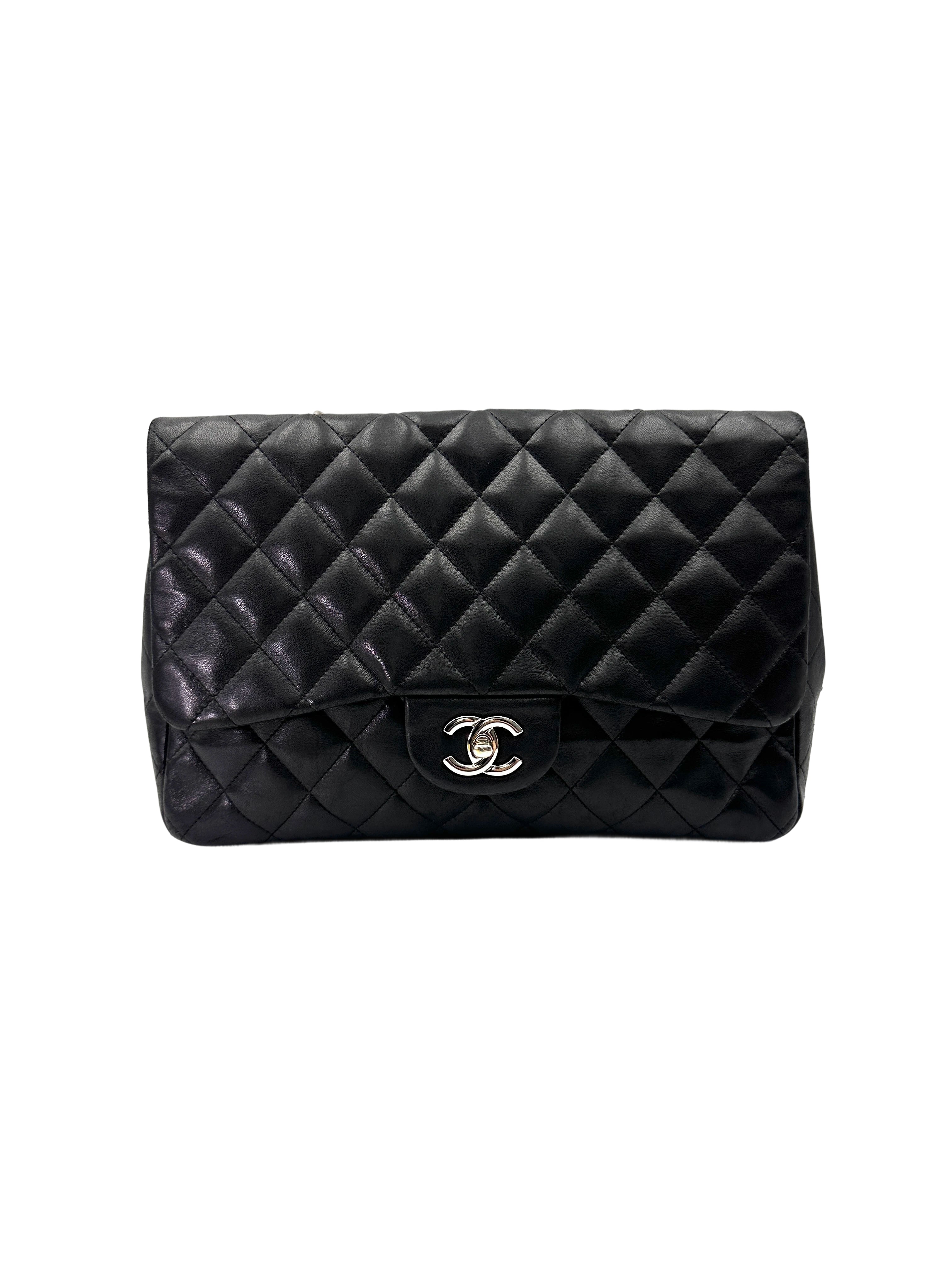 Chanel Classic Flap Black Quilted Lambskin Jumbo Shoulder Bag With Silver Buckle(13***88) CC1997