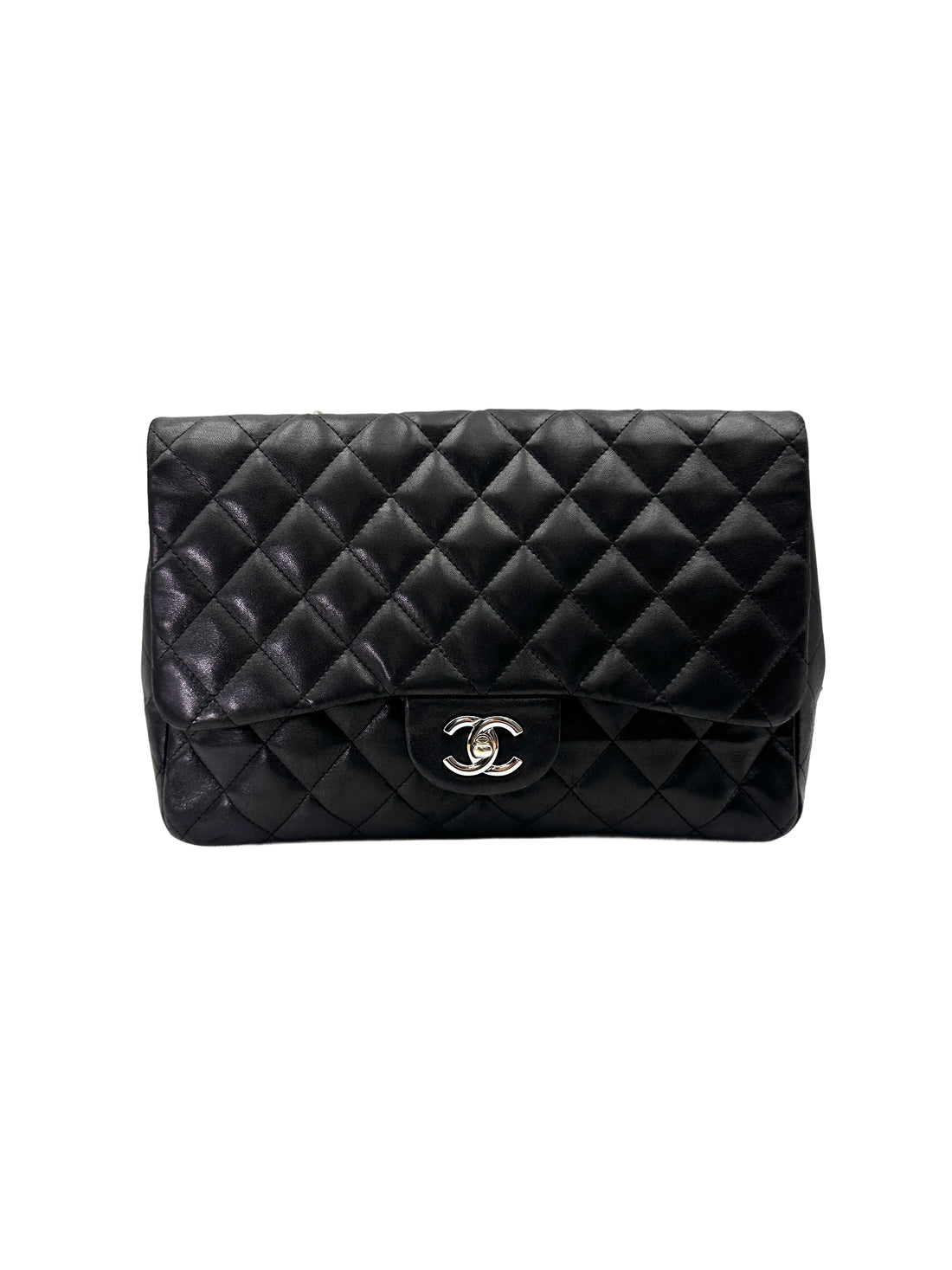 Chanel Classic Flap Black Quilted Lambskin Jumbo Shoulder Bag With Silver Buckle(13***88) CC1997