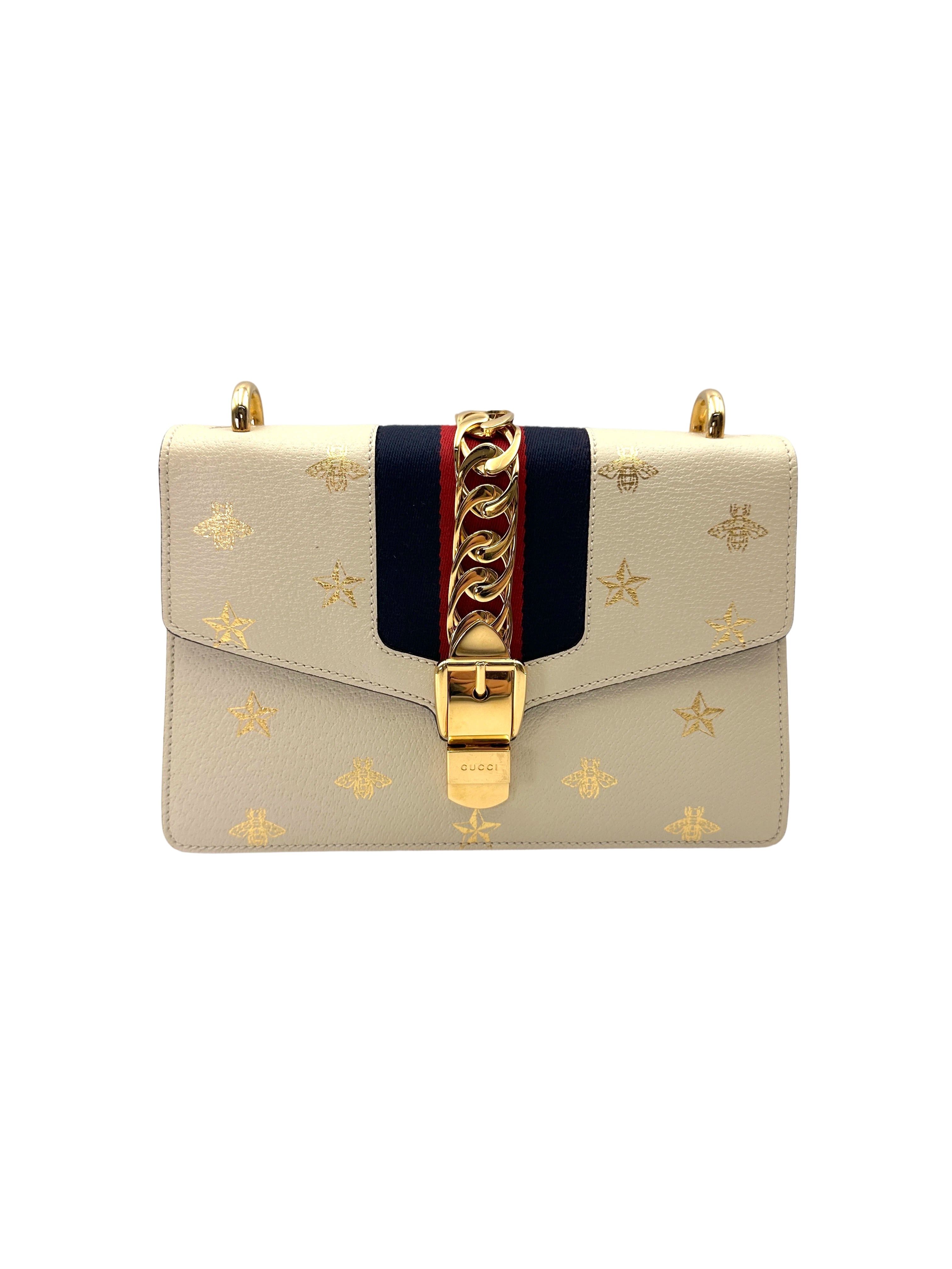 Gucci Sylvie Bee Star White Leather Medium Size Shoulder Bag GG1082