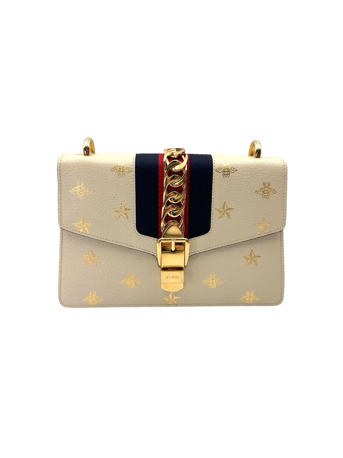 Gucci Sylvie Bee Star White Leather Medium Size Shoulder Bag GG1082