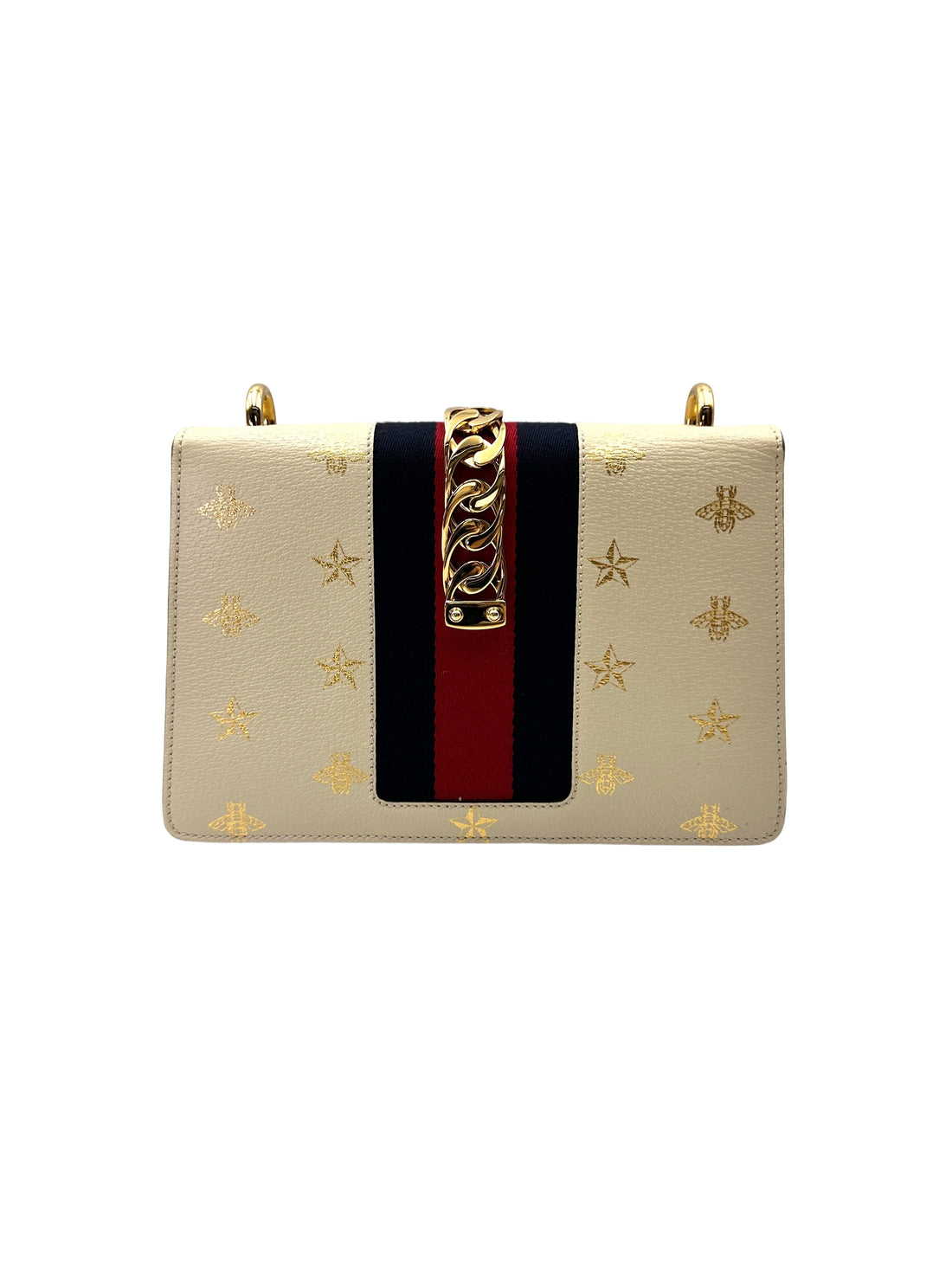 Gucci Sylvie Bee Star White Leather Medium Size Shoulder Bag GG1082