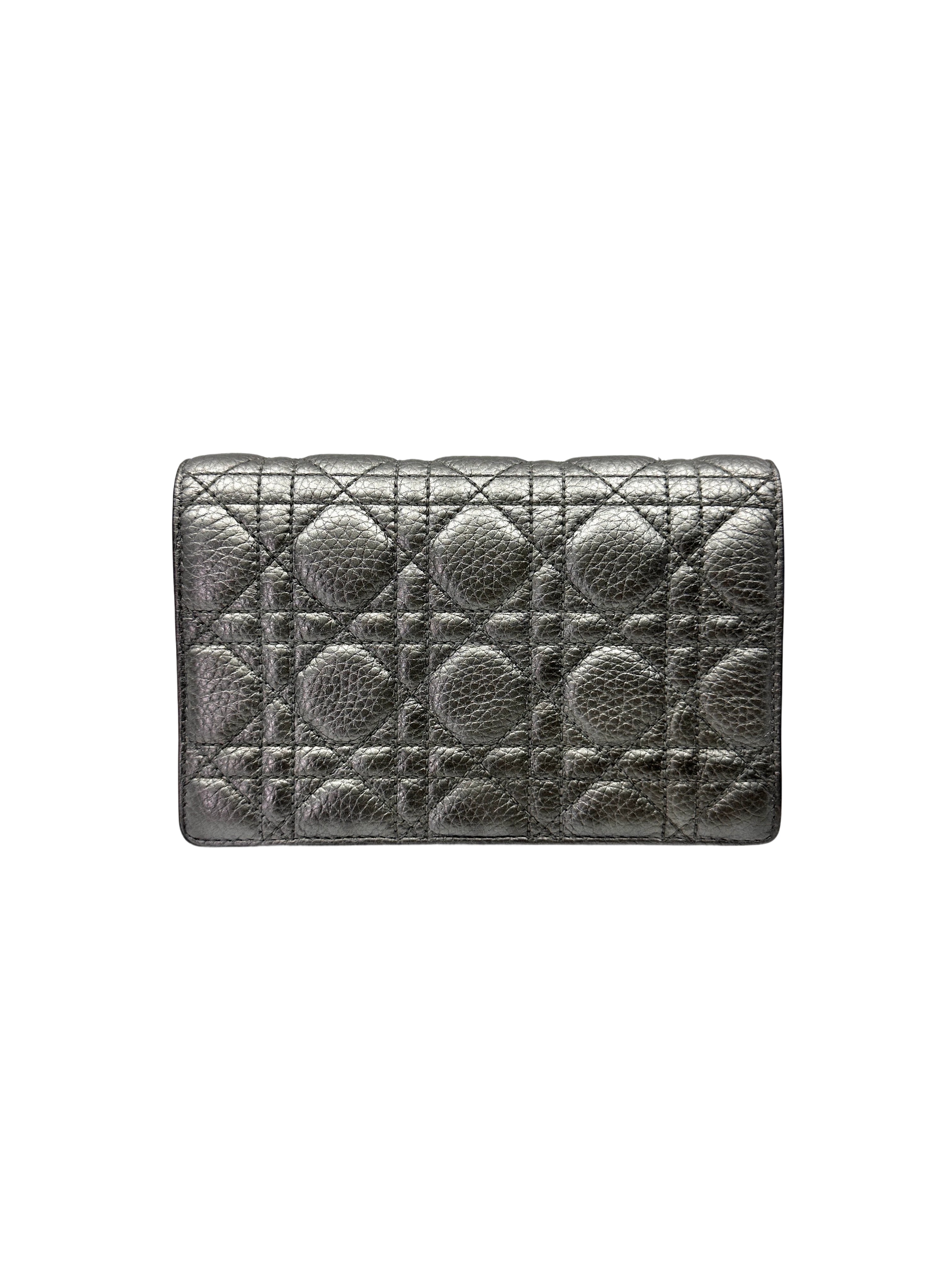 Christian Dior Lady Dior Silver Cannage Leather Chain Clutch DR742