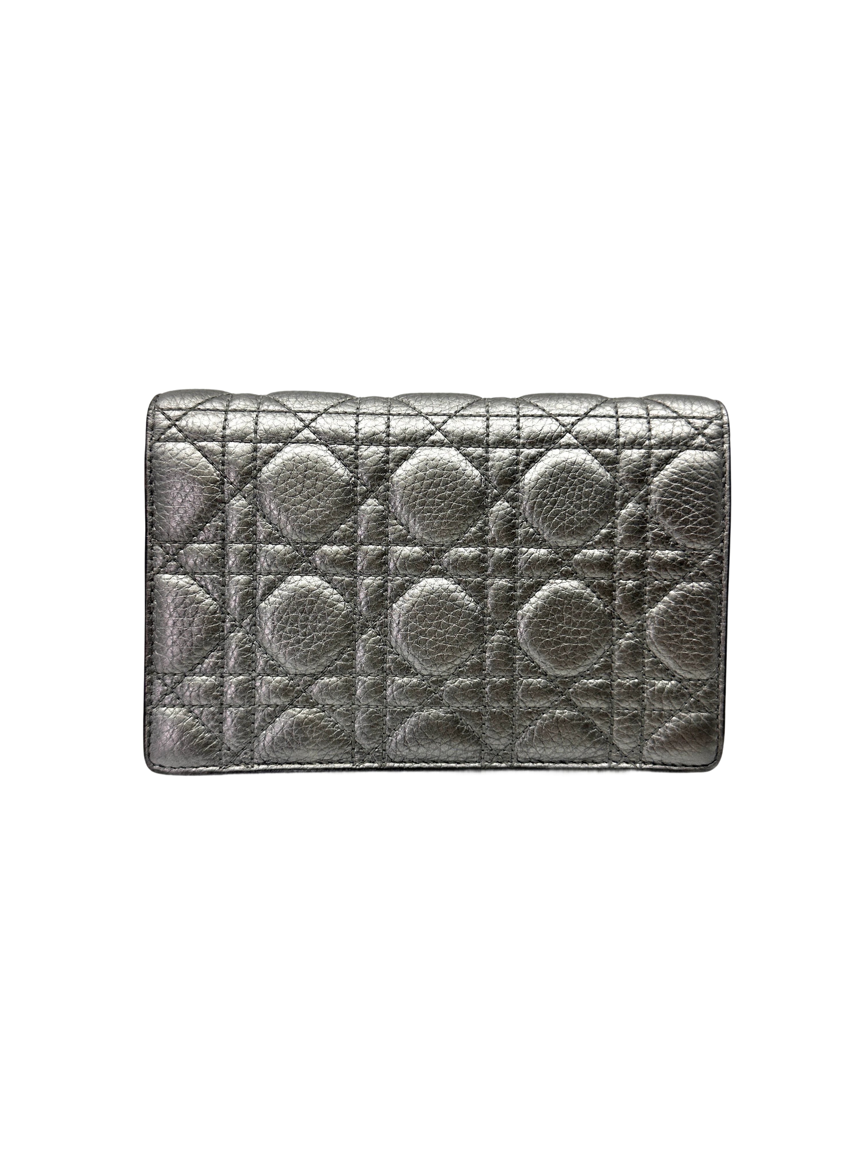 Christian Dior Lady Dior Silver Cannage Leather Chain Clutch DR742