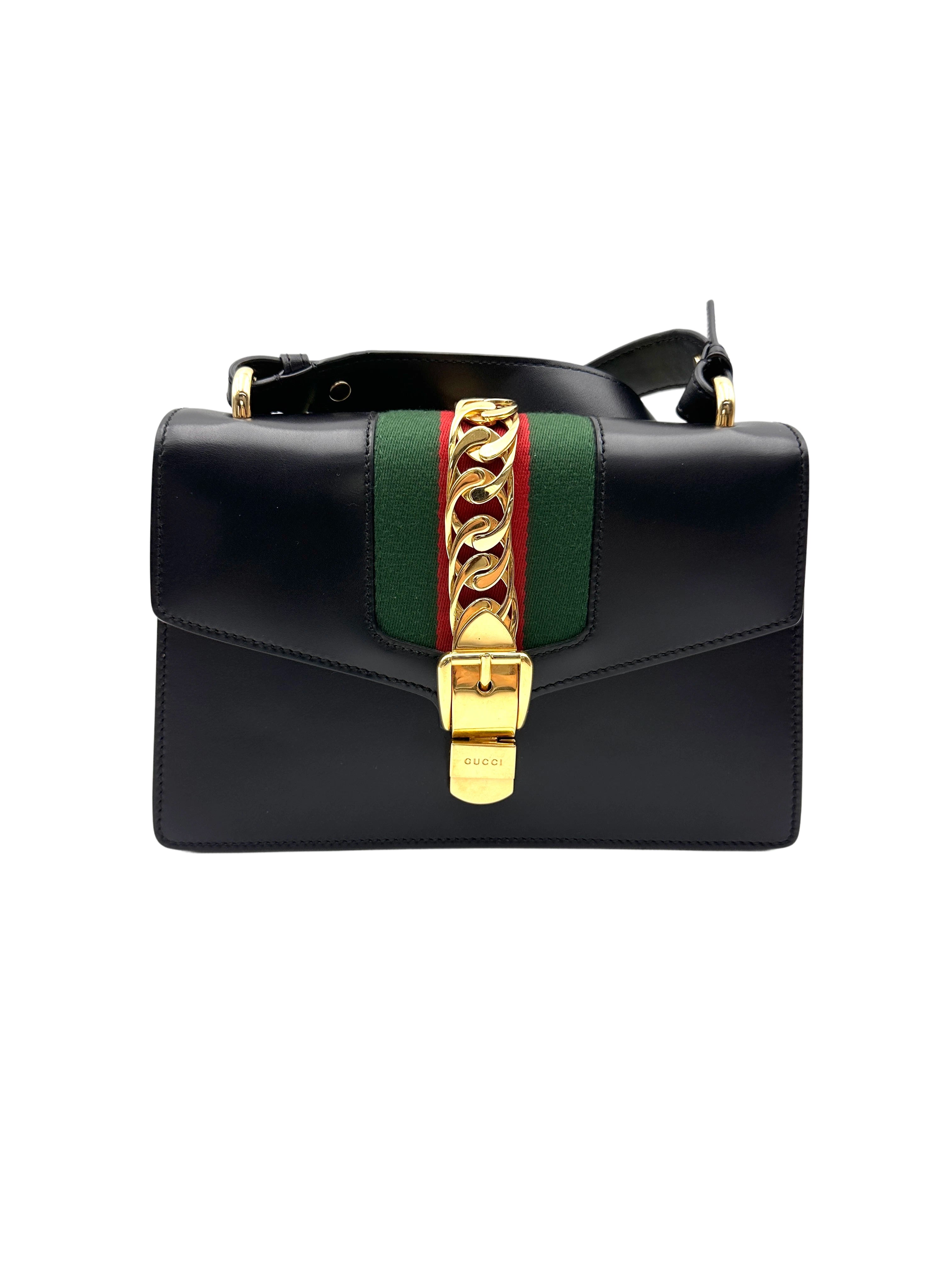 Gucci Sylvie Black Leather Medium Size Shoulder Bag GG1077