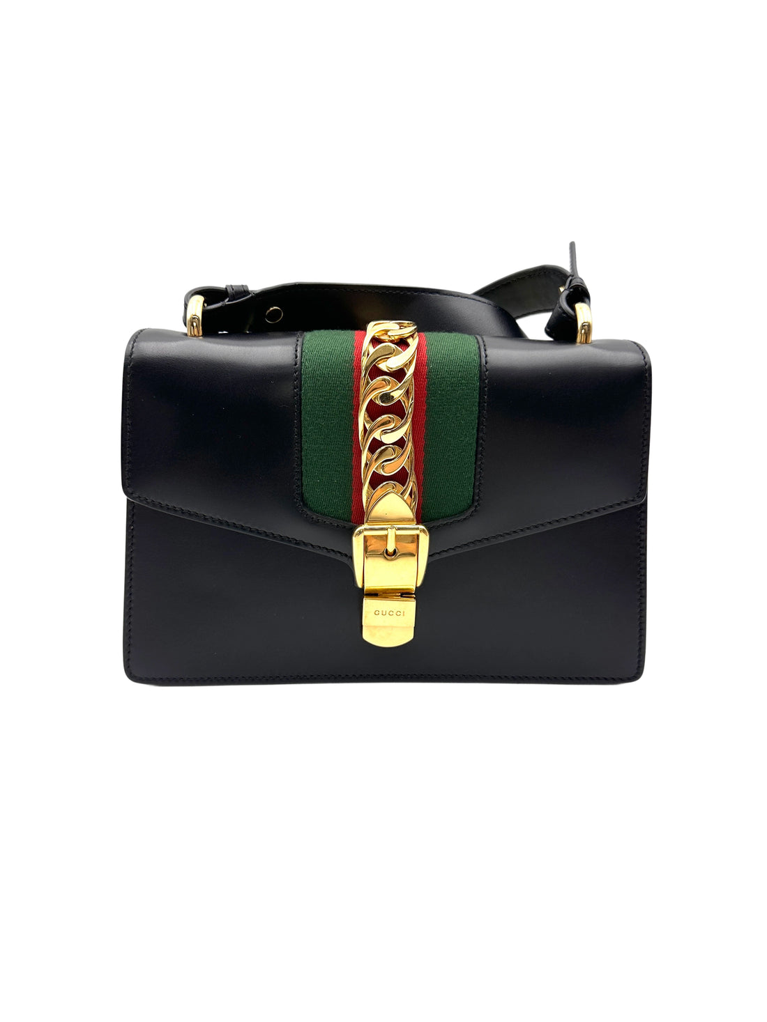 Gucci Sylvie Black Leather Medium Size Shoulder Bag GG1077