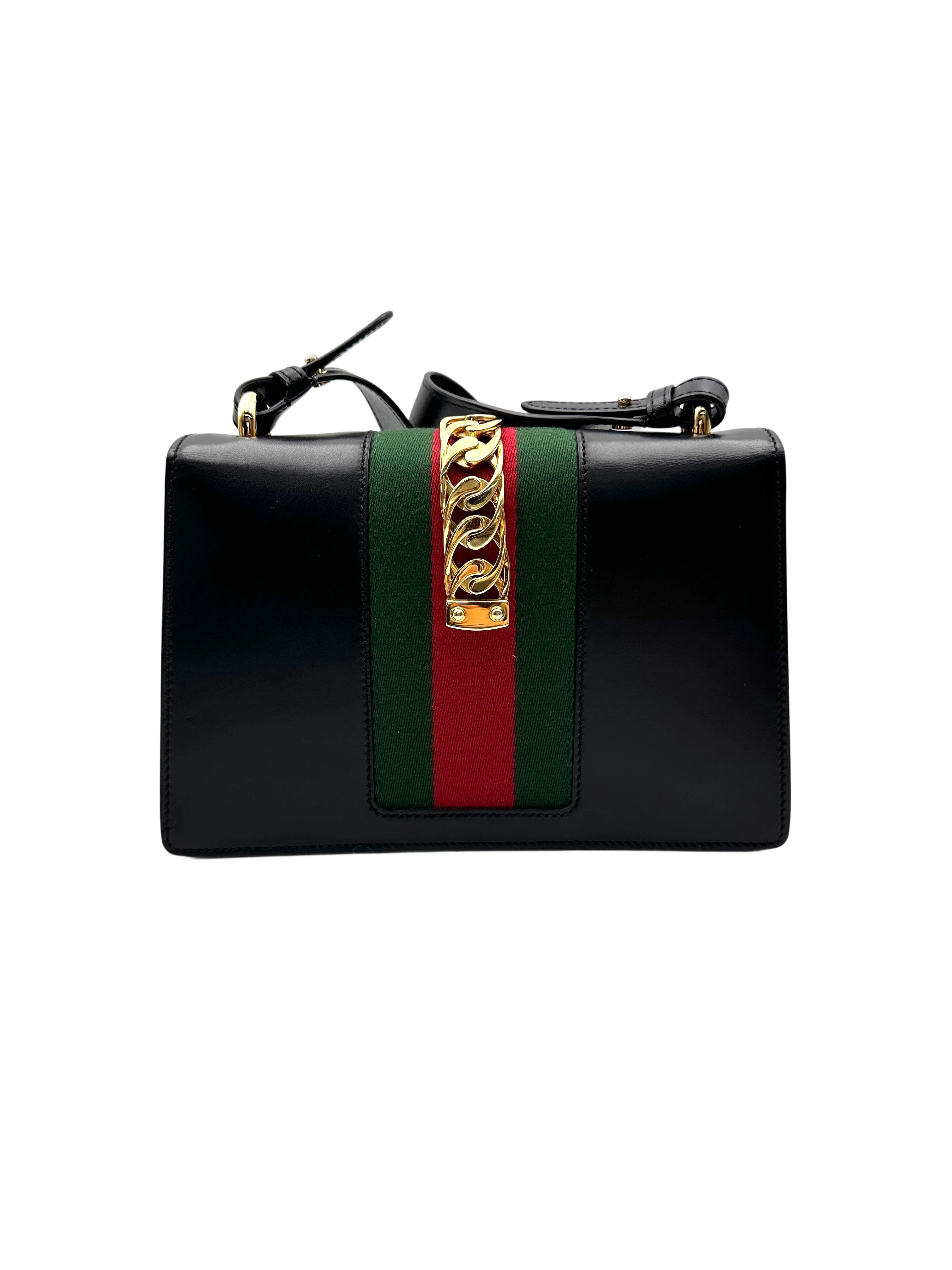 Gucci Sylvie Black Leather Medium Size Shoulder Bag GG1077