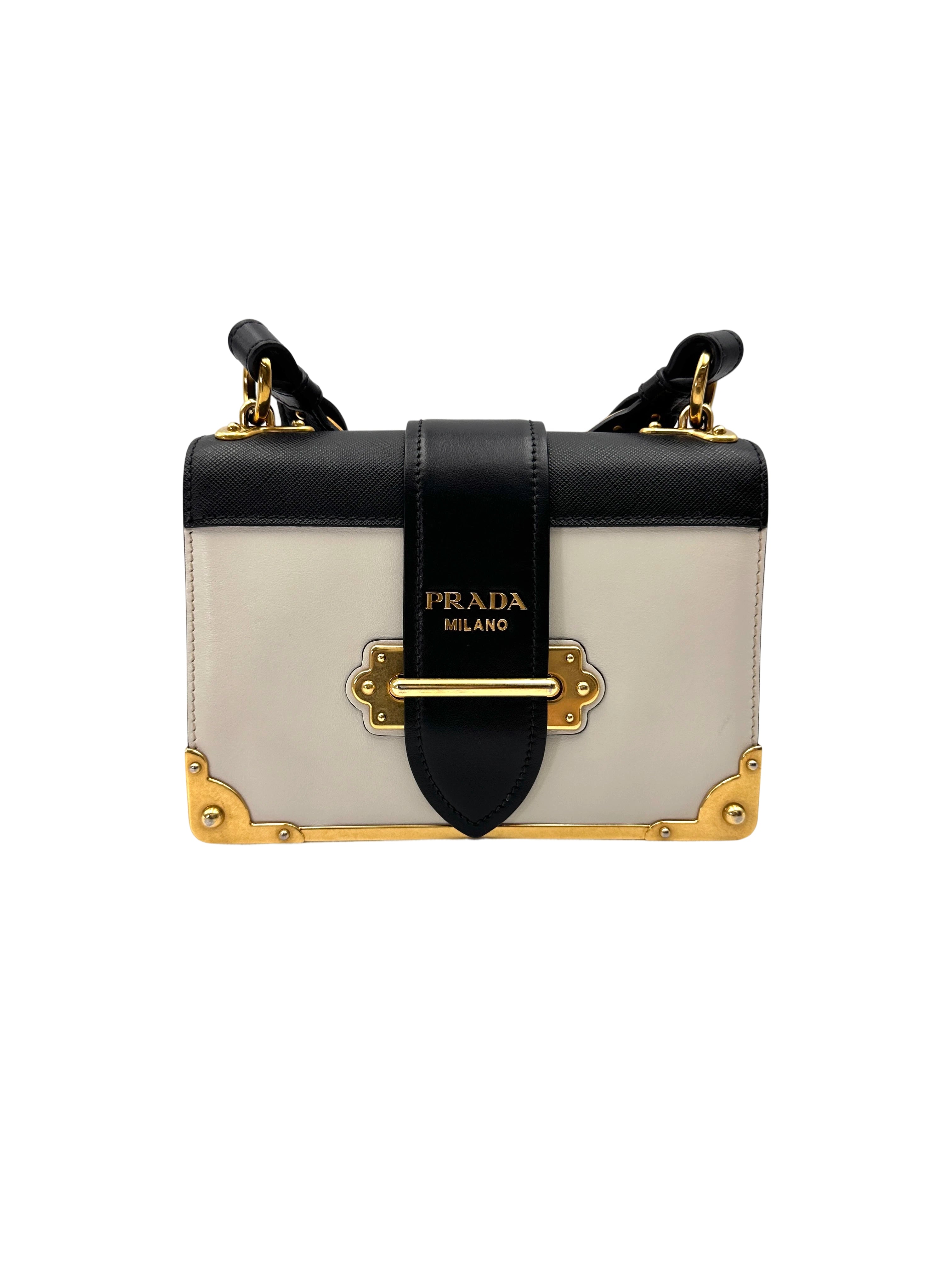 Prada Cahier Black/White Saffiano Leather Shoulder Bag With Gold Hardware PR367