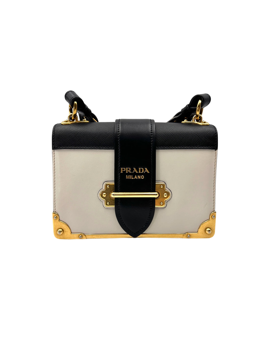 Prada Cahier Black/White Saffiano Leather Shoulder Bag With Gold Hardware PR367